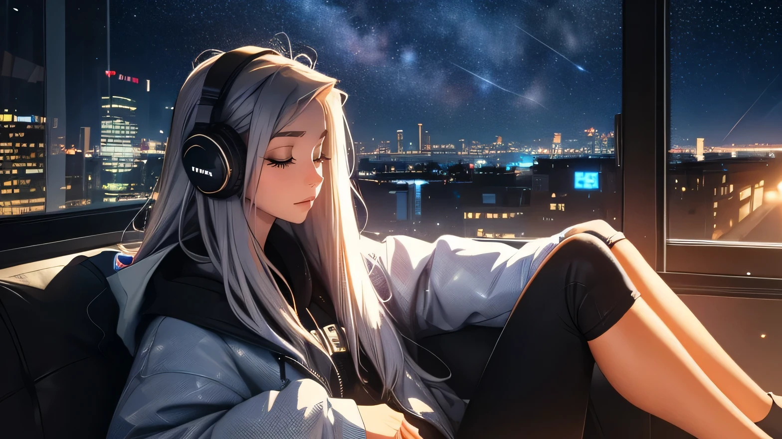 library, Sit by the window, close one&#39;eye, wearing headphones, take a pensive posture, look at the stars, My head got stuck in the glass, night city, beautiful starry sky, Beautiful girl, UHD Portraits, (high quality) (ultra detail) Observation of a viewer wearing hip-hop style street clothes; different, fancy, long colored silver hair 🌈