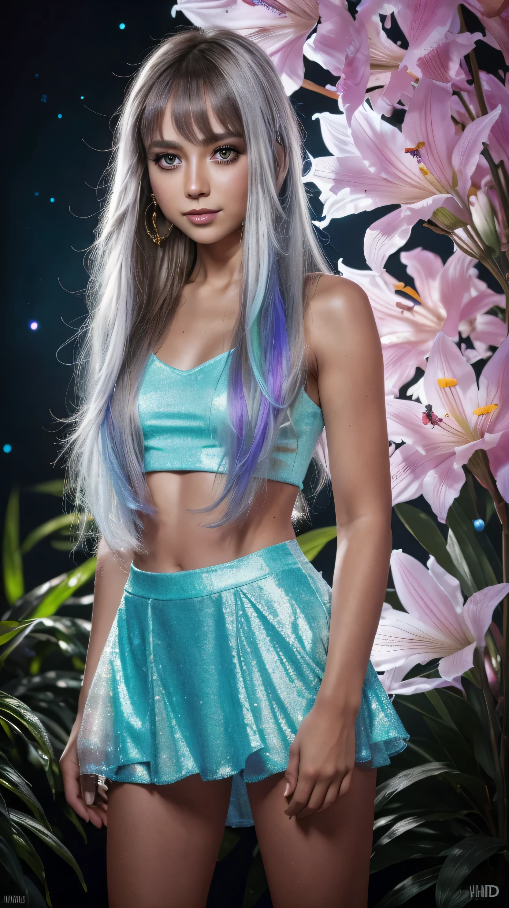 Beautiful realistic girl with BRIGHT WHITE-BLUE long hair ,Close-up of clean skin with detailed skin ,full length,in a short miniskirt,on an orange background ,Against the background of the starry sky,bright makeup,detailed eyes,EARRINGS WITH GLITTERS,two-leaf gray flower,translucent speckled bifoliate gray,Биолюминесцентный — сверхhigh quality 8K, High contrast, rich colors, soft light, Super detailed photos. ultra high quality 8K, High contrast, noise reduction, яркие rich colors.. high quality, 8K Ultra HD, High contrasthigh quality,мягкие close focus,very beautiful flower, translucent red lily of the valley with dew drop flower, bioluminescent flower glows and shimmers, he grows in a mysterious forest, shrouded in mystery, Сверхhigh quality 8k, High contrast, rich colors, soft light, Ultra-detailed photos. Сверхhigh quality 8k, High contrast, noise reduction, bright rich colors.. high quality, 8K Ultra HD, High contrast