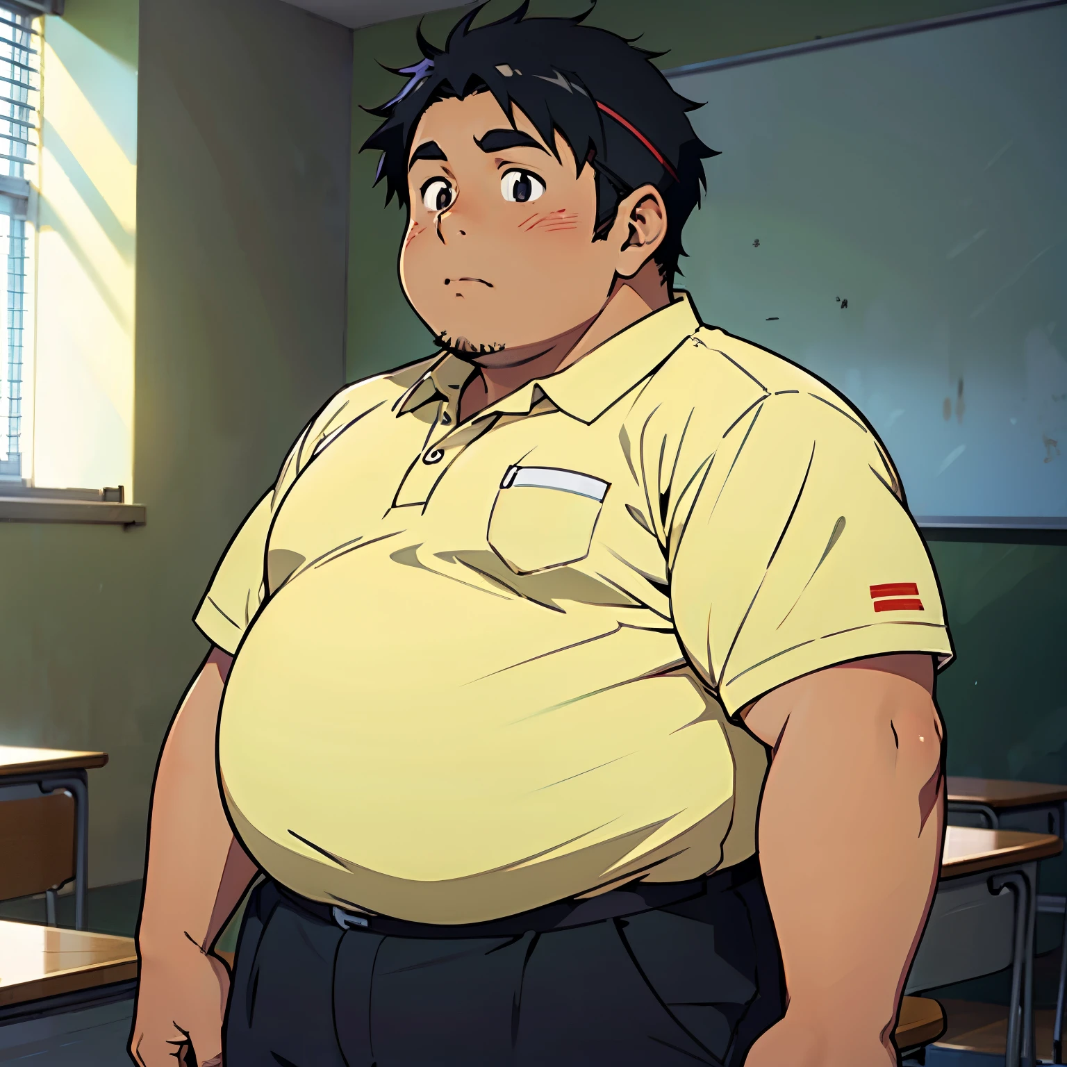 one fat boy,((highschool student)), black hair, short hair, black eyes, with fat belly, chubby belly, fat, timid face, very fat!!!, fat, chubby!!!, best quality,ultra-detailed, Seems timid, tired, classroom background, flat anime-style shading, vector-shaded anime, natural anime face, subtle anime style, anime face.
