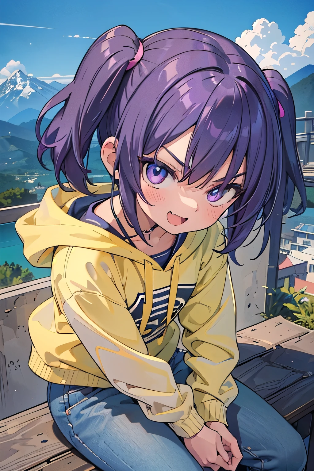 (masterpiece:1.2), (highest quality:1.2), Upper body, perfect eyes, perfect face, perfect lighting, mountainous horizon, 1 boy, gray eyes, purple hair, twintails, short hair, cute eyes, medium breast, ((((glaring)))) , (((From above))), open mouth, vivid description,orgasm, I was scared, Ahegao, ((smile+Happy)), tooth, From the side, She is wearing pink shorts with jeans textured lace, wears hoodie in yellow modern style fashion, sitting,