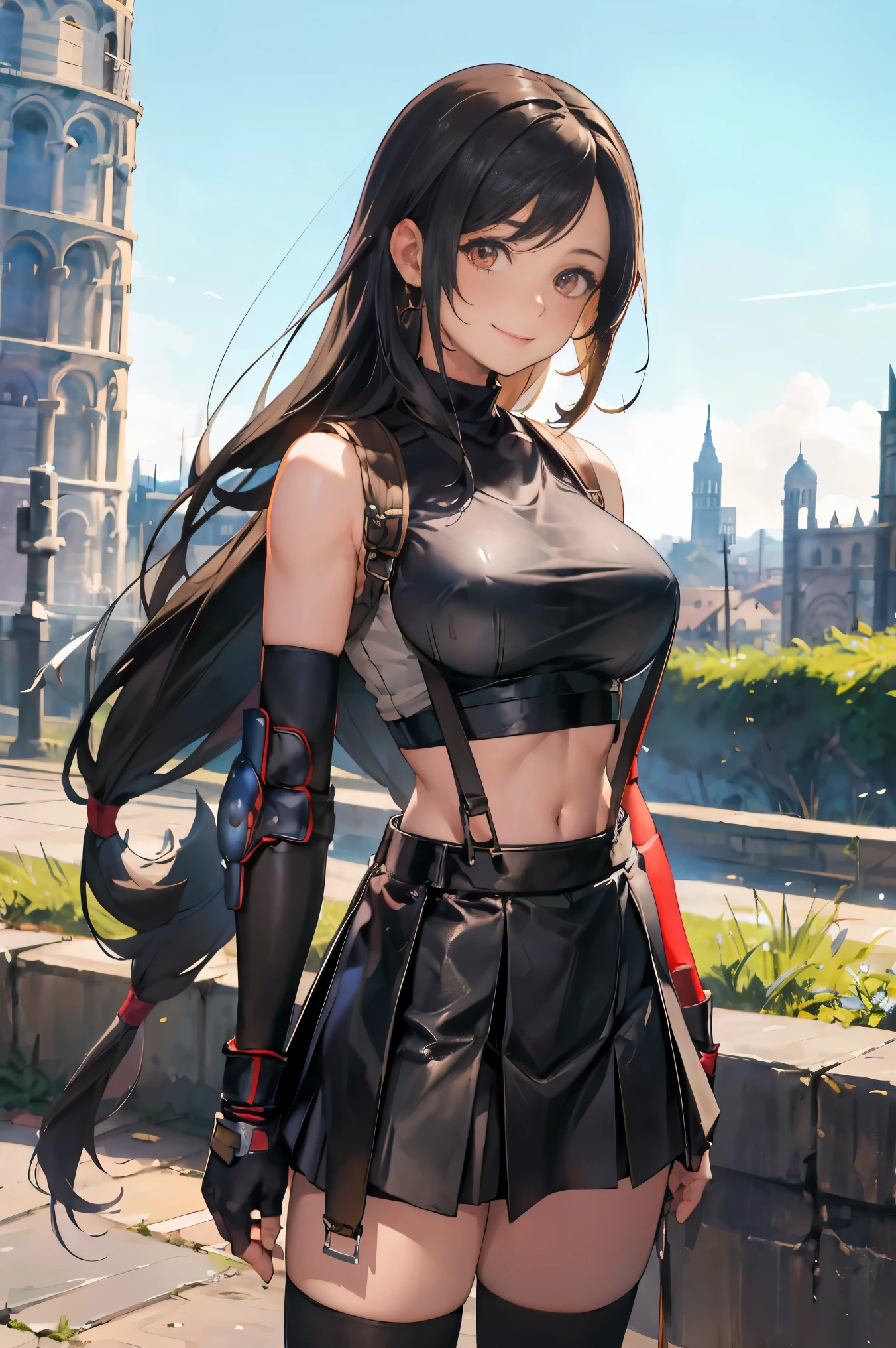 masterpiece, best quality, 7rtifa, crop top, arm guards, fingerless gloves, suspenders, pleated miniskirt, black thighhighs, upper body, standing, (leaning tower of pisa) in background, looking at viewer, smile