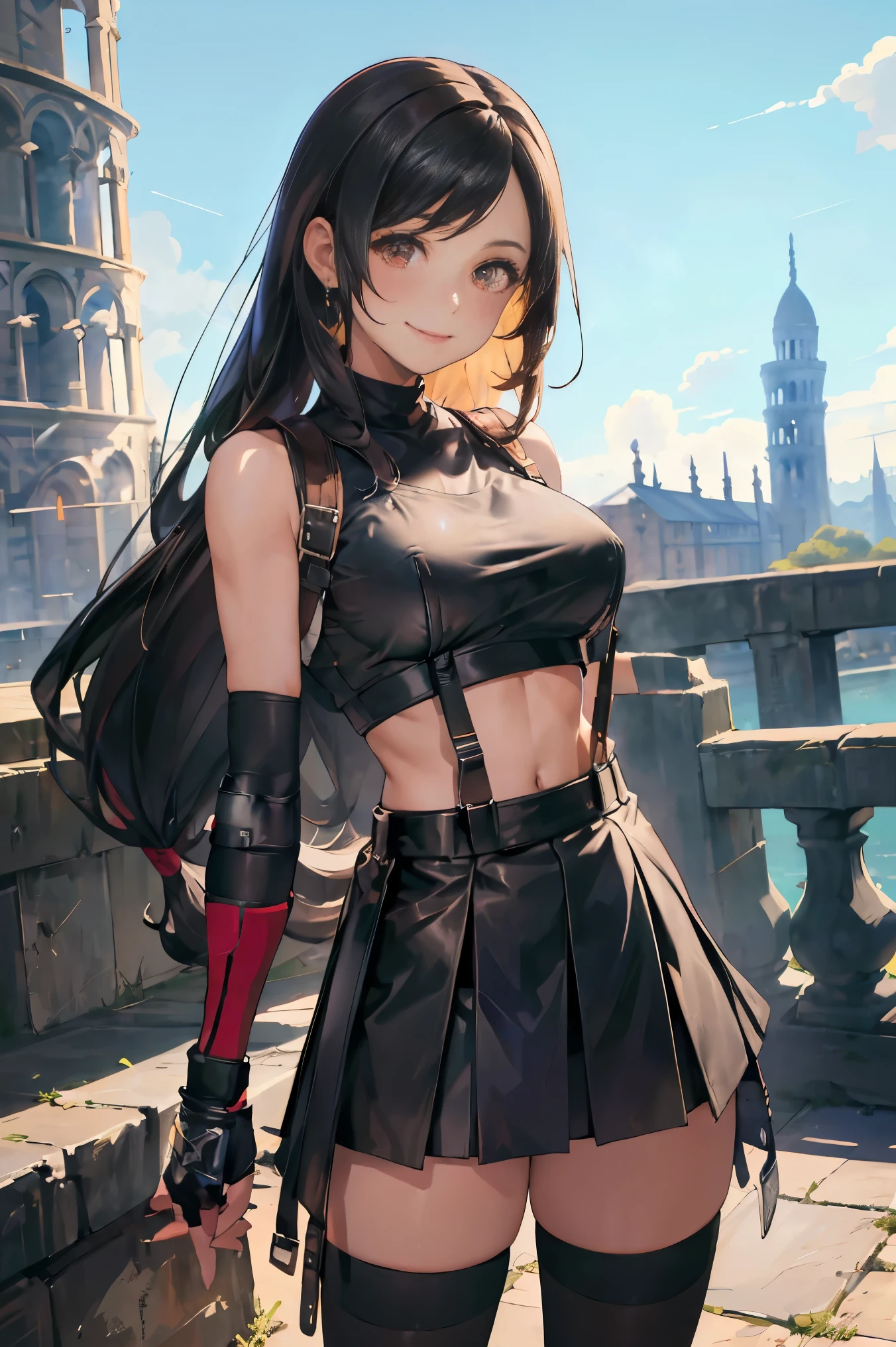 masterpiece, best quality, 7rtifa, crop top, arm guards, fingerless gloves, suspenders, pleated miniskirt, black thighhighs, upper body, standing, (leaning tower of pisa) in background, looking at viewer, smile