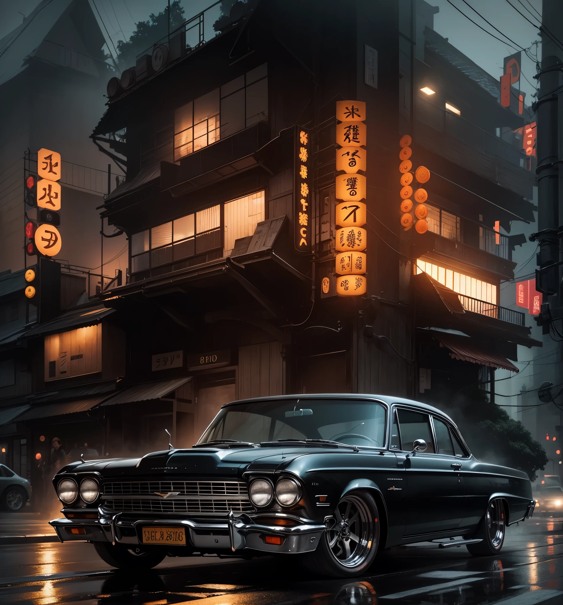 An imposing classic black 62 Chevy showroom car, impecavelmente restaurado, ostenta rodas BBS RS de 17 polegadas com acabamento cromado. Its ridiculously low posture brings it closer to the asphalt of the tree-lined street dominated by retrofuturistic Japanese buildings illuminated on a rainy night with fog and fire.
