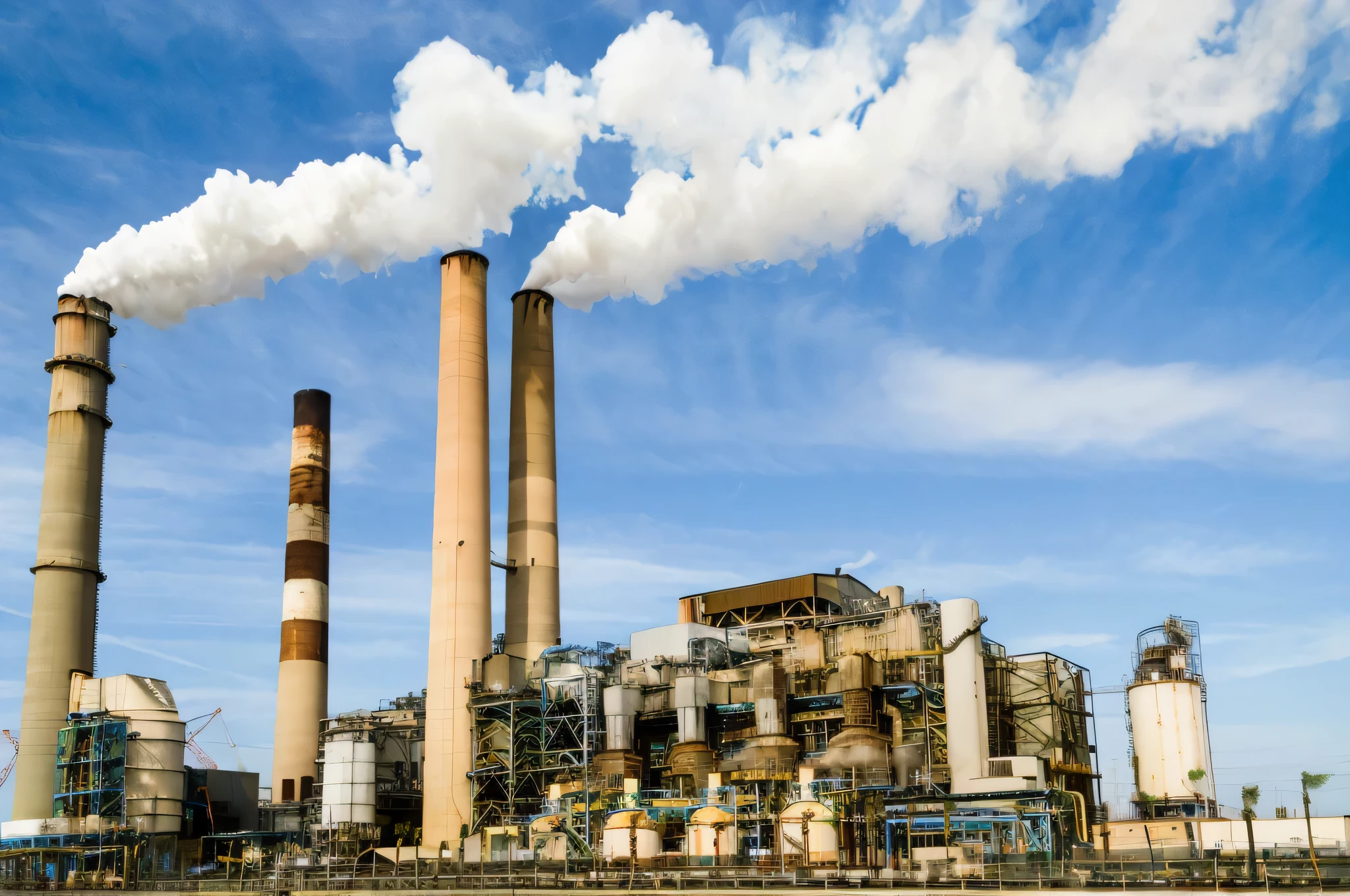 smoke billowing from a factory chimney in a large industrial area, power plants with smoke, chemical plant, industrial factory, power plants, industrial plant environment, industries, industrial complex, smokestacks, shutterstock, industrial fires and smog, industrial apparent, industrial environment, industry, industrial photography, nuclear power plant, industrialization, stock photo, detailed and complex, industrial pipes