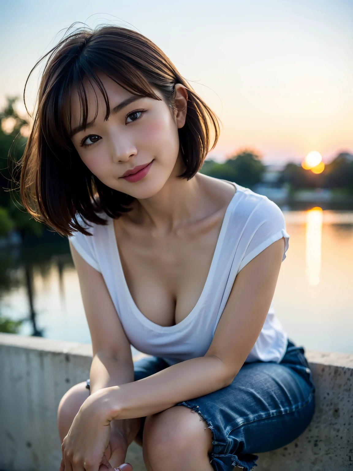 (highest quality、8k、32K、masterpiece、Hmm:1.2)、photo of cute japanese woman、brown short hair、beautiful face、(leaning forward:1.3)、squat、(From above:1.2)、(Close-up:1.4)、throw、loose t-shirt、big and full breasts、(Beautiful breasts:0.9)、intersection、Wind、shiny skin、blurred background、sunset、Stare at me and smile