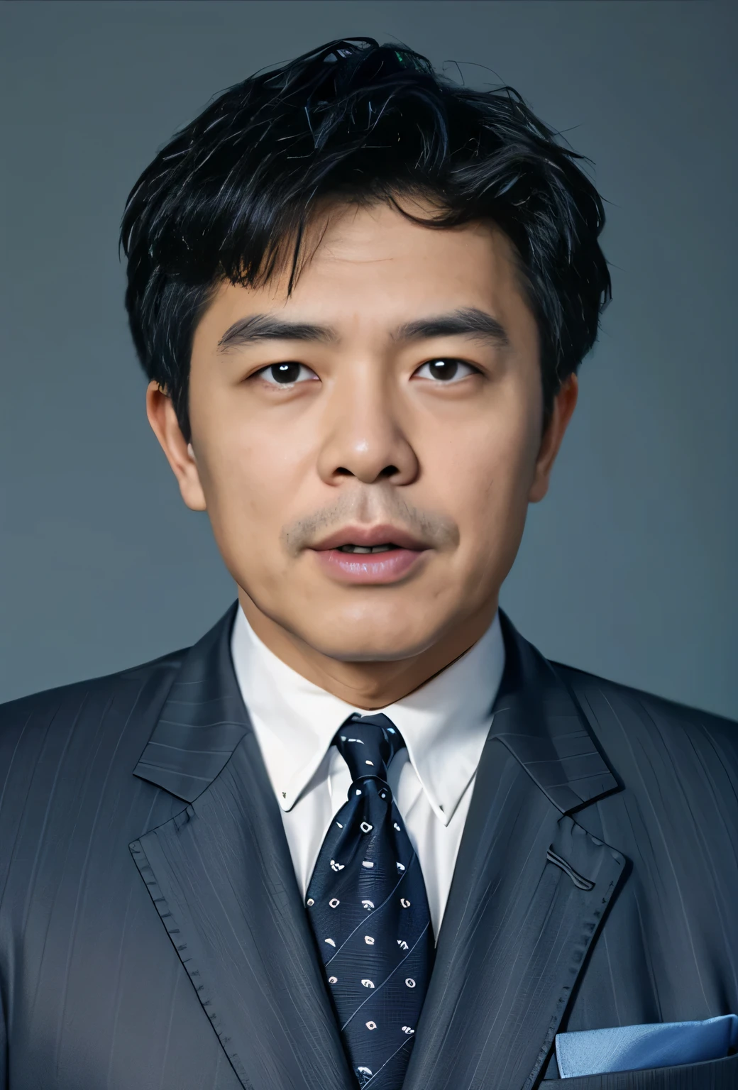 Highly realistic photo, ((masterpiece), (best quality), (raw photo), (photorealistic:1.4), Portrait of Vietnamese old man, 55 years old, ((black hair)), ((wearing a dark suit)), ((light blue background)), photo taken by Sony A7IV