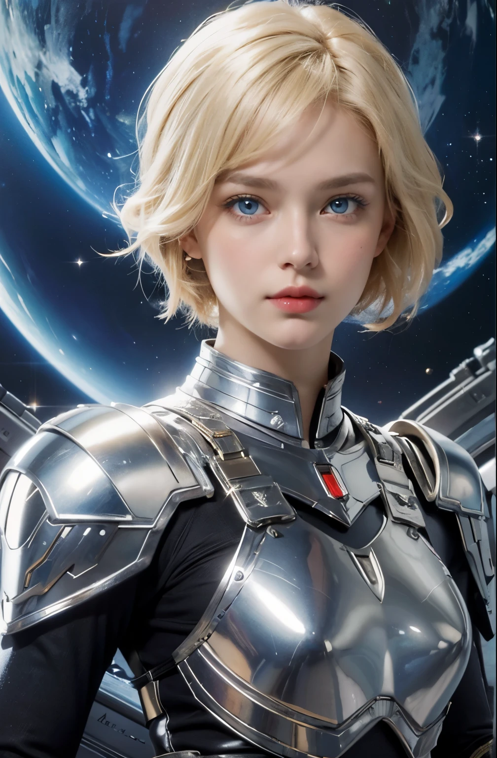 A beautiful woman. 20s. Blonde hair and blue eyes. She is looking at the camera with a defiant expression. She wears a silver metallic battle uniform. There is something on his waist that is reminiscent of Kamen Rider's transformation belt. In her background is an image of outer space and a giant space battleship. A masterpiece.