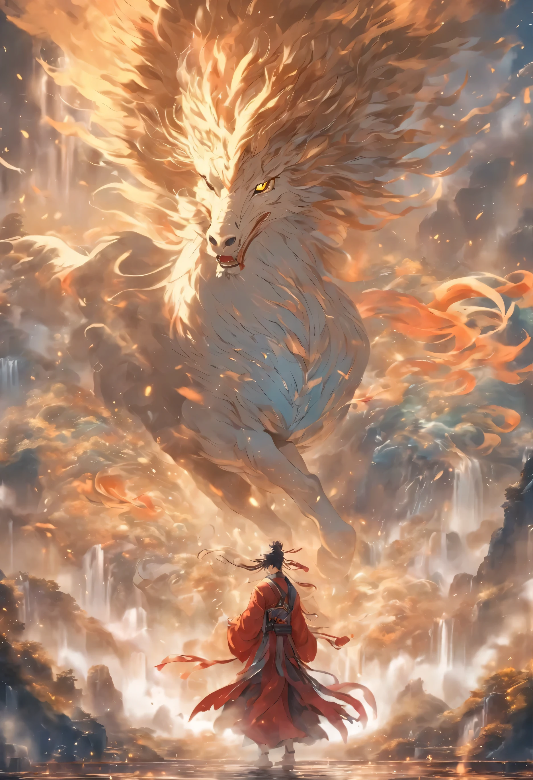 Chinese style,中景 the scene is,Scholar stands in front of huge Pegasus,stretch out your hands,messy long hair,glow effect,surreal,Super real photos,Chinese black and white ink style,Silver,decolorization,soil,ink,8k,Ultra-fine,high quality,Overclocked renderer