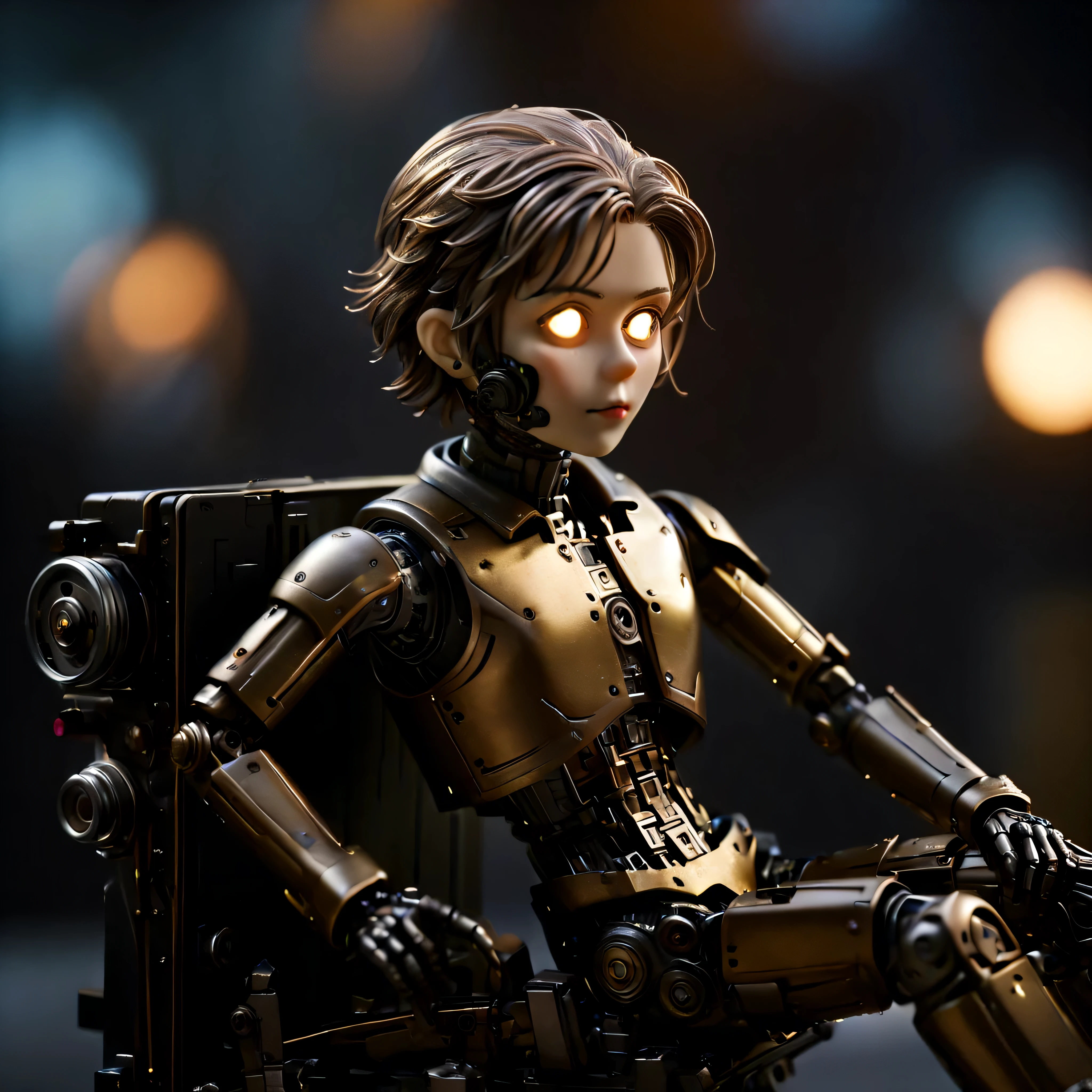 ((Masterpiece in maximum 16K resolution):1.6),((soft_color_photograpy:)1.5), ((Ultra-Detailed):1.4),((Movie-like still images and dynamic angles):1.3),| (Macro shot cinematic photo of a mechanical puppet sitting down), (macro lens), (shimmer), (visual experience) ,(Realism), (Realistic),award-winning graphics, dark shot, film grain, extremely detailed, Digital Art, rtx, Unreal Engine, scene concept anti glare effect, All captured with sharp focus.