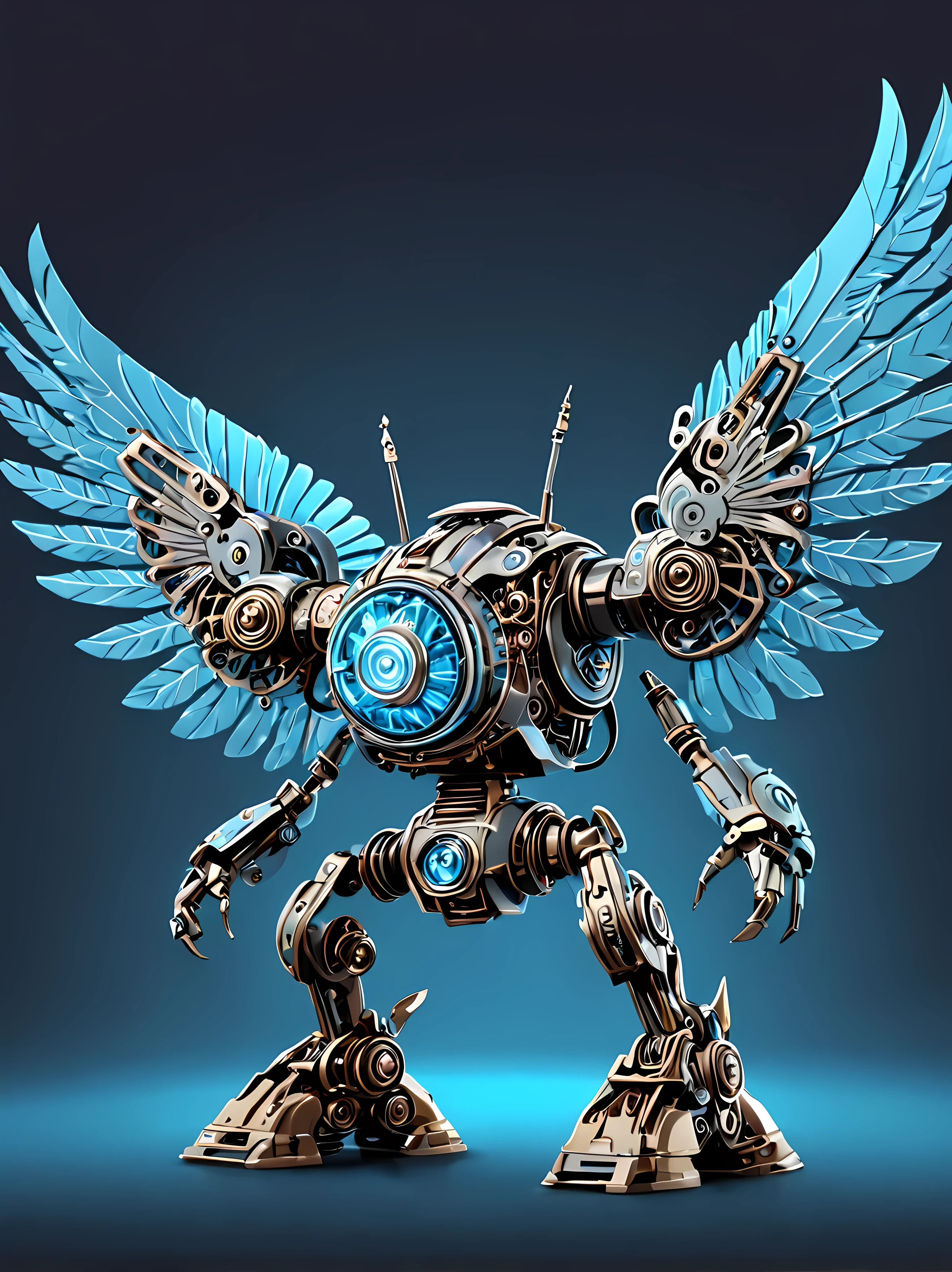 Vector Cartoon Illustration, full shot, design a mesmerizing mechanical Automaton representing the air element, polished metal body, delicate mechanical wings, subtle glowing LED lights, light blue intricate design, elegant, masterpiece in maximum 16K resolution, superb quality. | ((More_Detail))