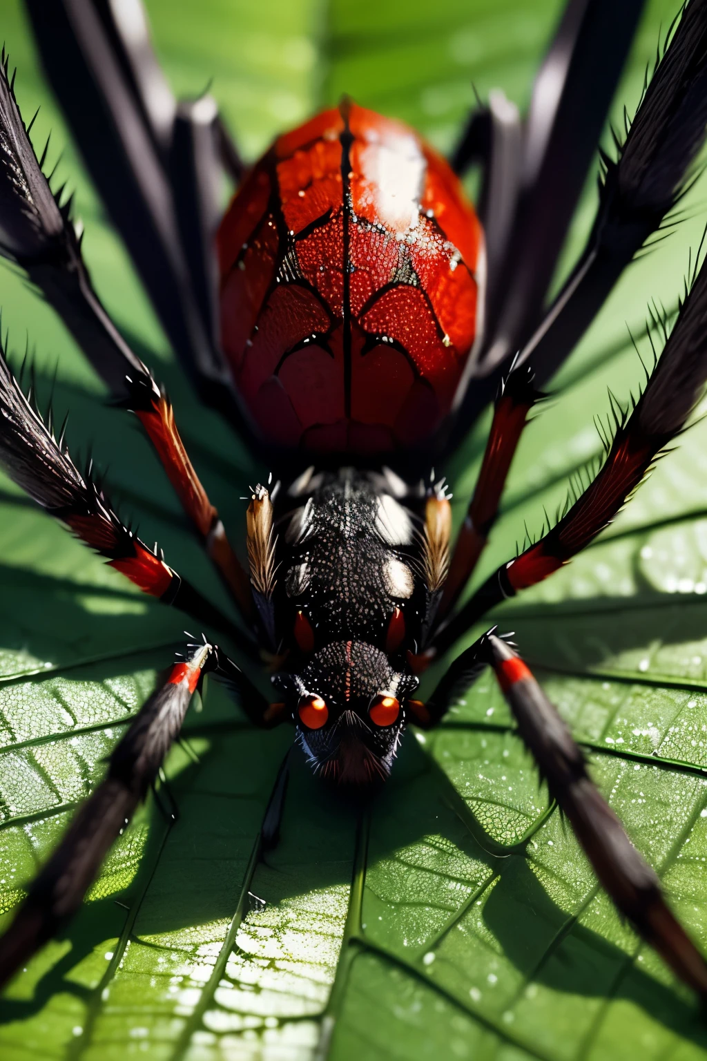 realistic, 1subject, intricately detailed spider web, close-up shot, spider's eyes:1.8, sharp focus, eight legs, hairy body, bright red or black color, glistening fangs, menacing pose, creeping on a leaf or insect, high contrast, dew drops on spider legs, shadows, woodland setting, green leaves, hyperdetailed, crisp image, excellent resolution, 4K, natural light, macro lens, detailed eyes, glossy black body, slender legs, accurate rendering of spider anatomy, slightly blurred background.
or
artistic, 1subject, stylized spider, abstract