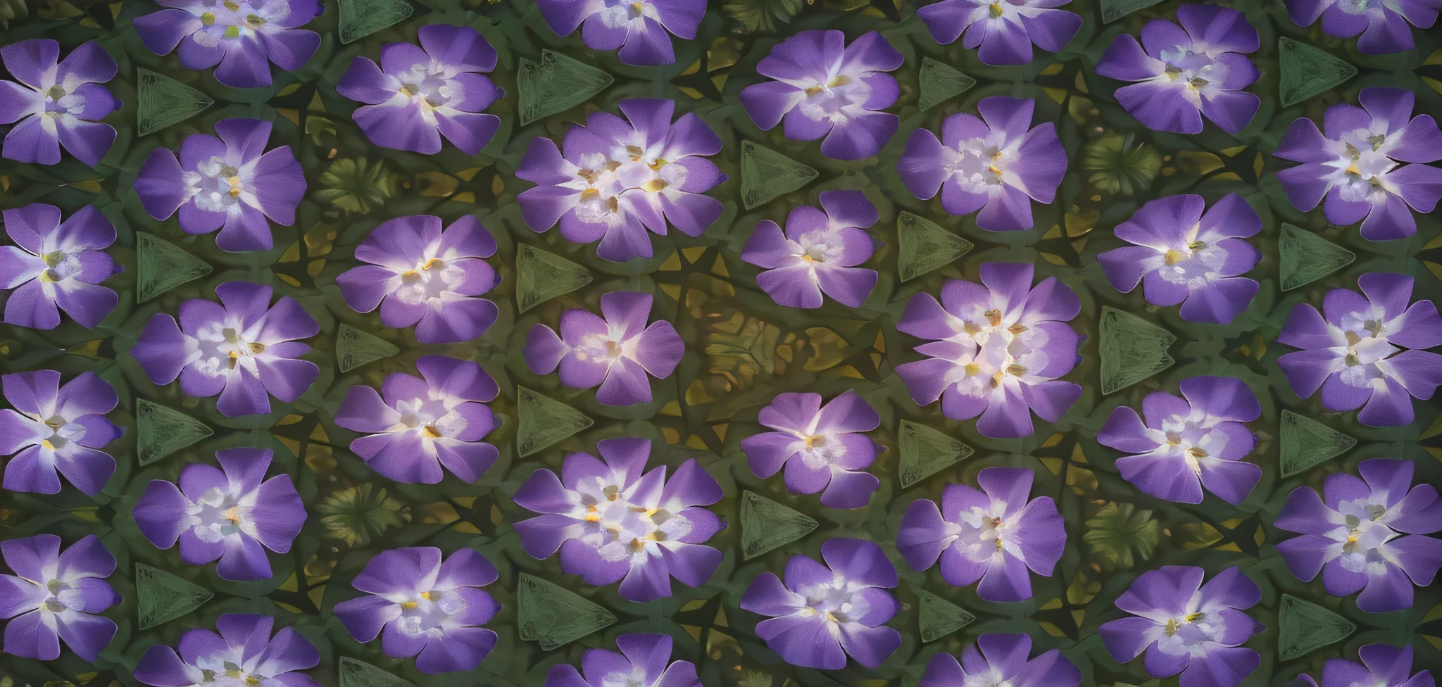 purple flowers are arranged in a pattern on a green background, tesselation, mc escher tesselation, textile print, kaleidoscopic, violet, mc escher tessellation, kaleidoscope, flower motif, verbena, tessellation, purple, fractal, mathematical, repeating fabric pattern, purple flowers, clematis design, floral motives