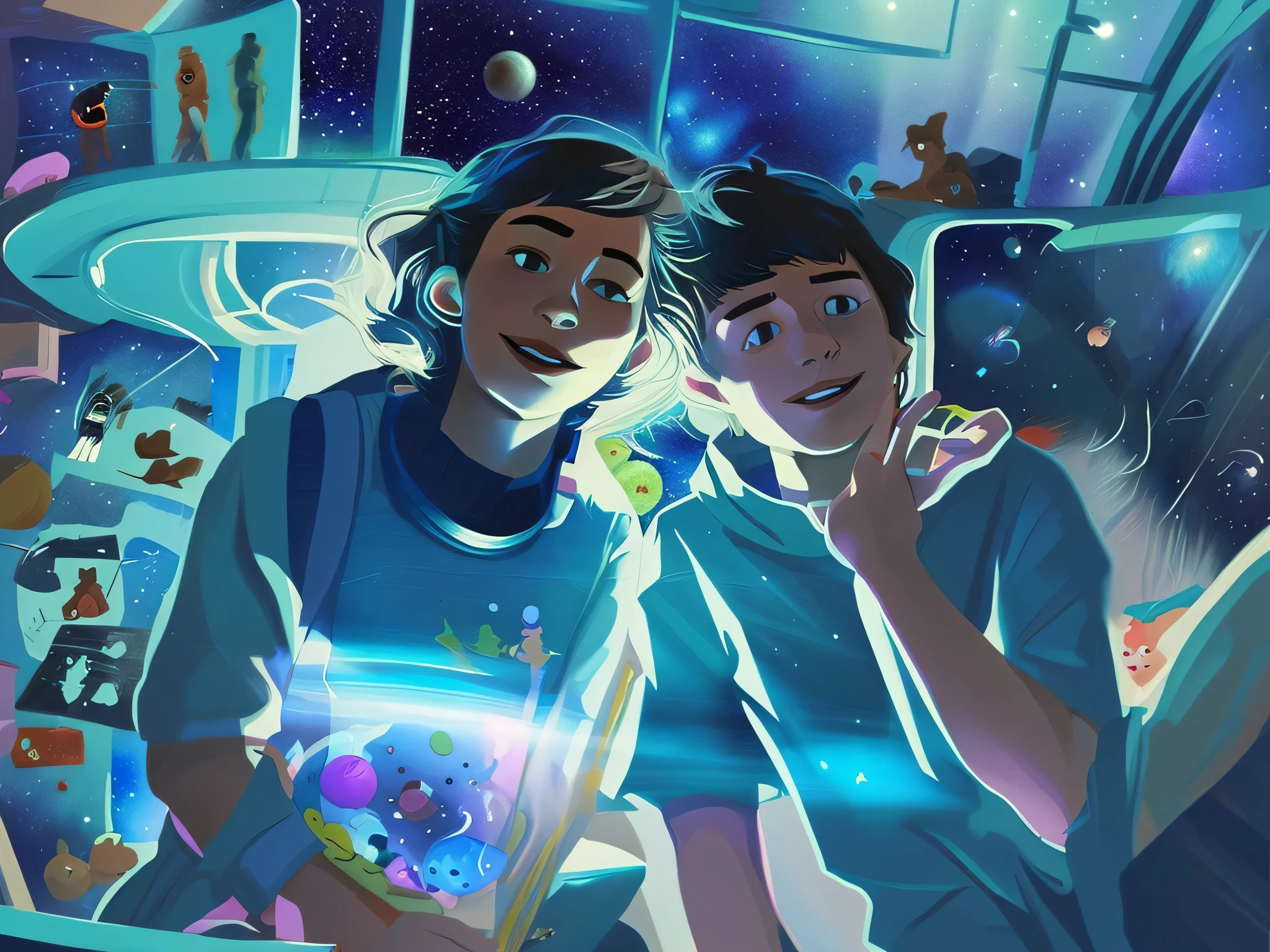 Cartoon illustration of a boy and a girl in space with cat, official fan art, in space, kitten in outer space, in outer space, in deep space, in the galaxy, deep space exploration!!!, space travel, worn by stars and planets, outer space, outer space, starry sky in space, in space, official art, space, on a spaceship, colorful, cute, more detailed, light, more realistic, comics