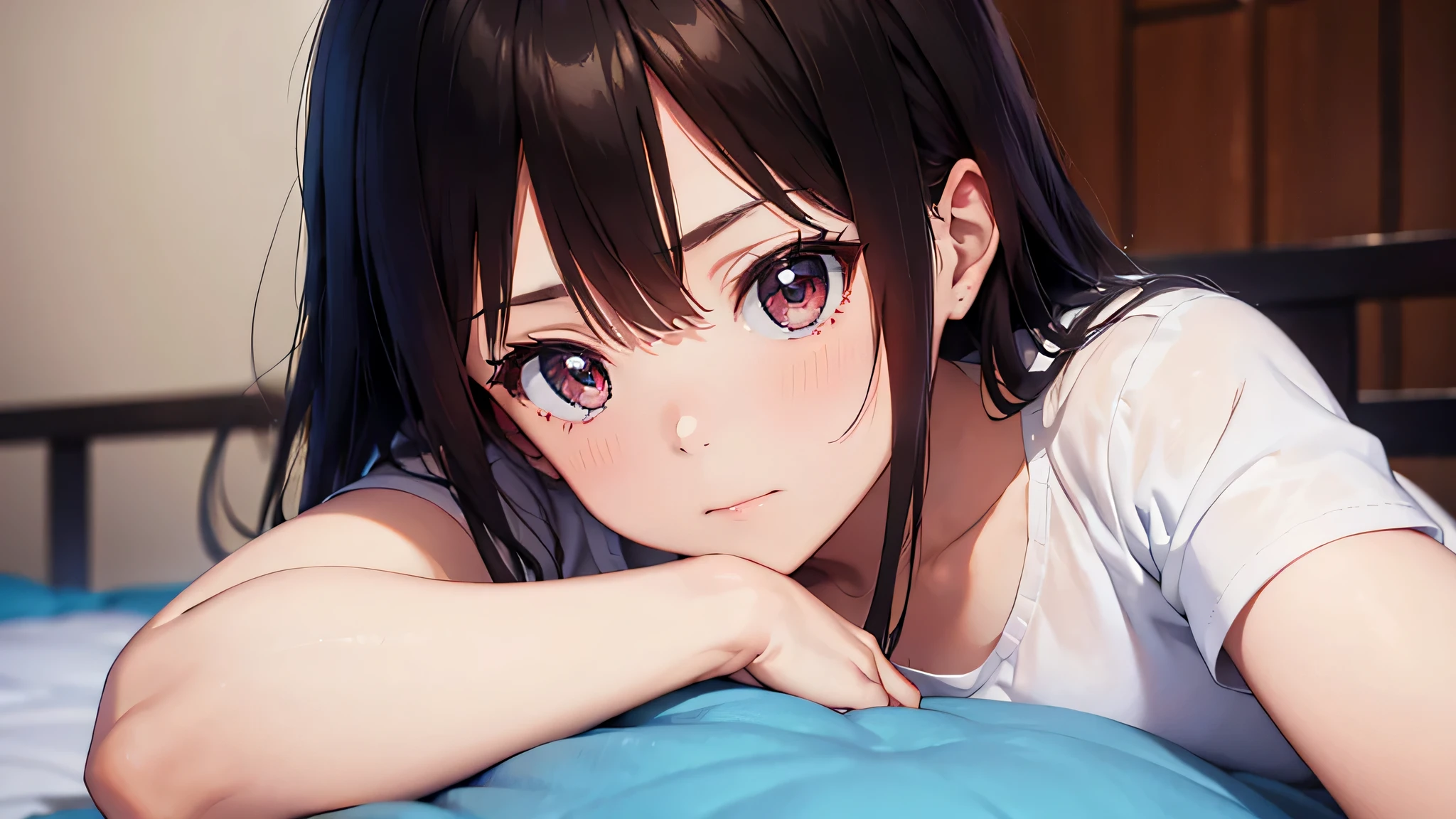 
A woman is sitting on her bed, her face is very red, she looks very embarrassed. She is wearing thin sleepwear. Her eyes are not looking towards the camera.