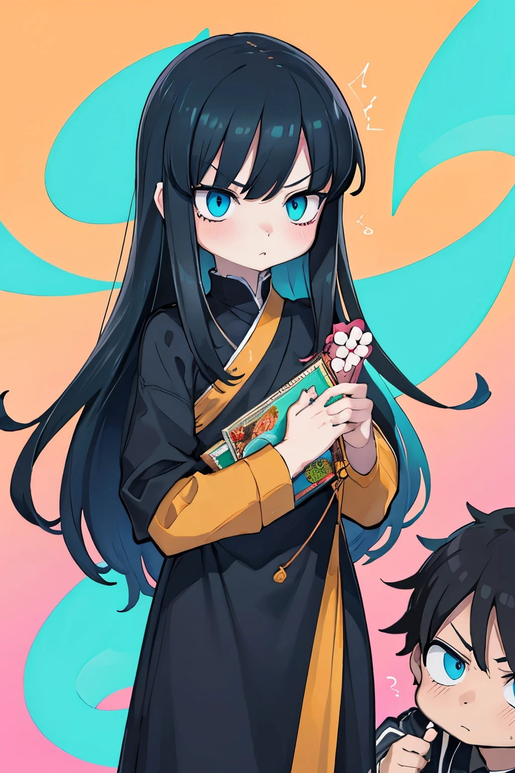 Spectral boy man, with dark aura, black clothing and turquoise blue eyes, long stylized black hair, confused and serious look, attractive. (Anime art) (Manga art) (Manhwa art)