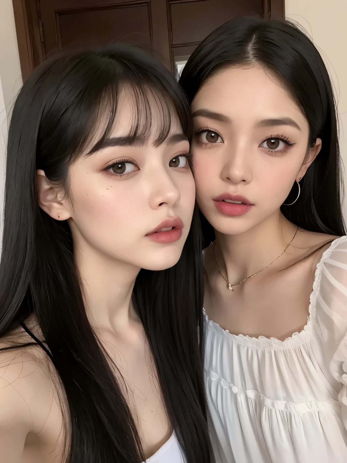 Kim Jennie con el cabello negro oscuro, con rulos en las puntas del cabello negro oscuro, con un ganchito de estrella en el cabello negro oscuro, ojos de color claro, ojos bonitos, ojos llorosos, nariz bonita y respingada, labios bonitos, labios rosas, heart and cupid shaped lip, piel bonita, pale, piel blanca, con lunares y pecas en todo el rostro, rubor rosa suave en las mejilla, rubor rosa natural, dark and gothic makeup, Jennie gotica, mientras ella esta con un chico lindo a su lado, with a cute asian boy standing next to her, mientras hay un torso de hombre, mientras el hombre&#39;His hand is on his jaw.., manos bonitas de hombre, with a gothic boy, cuellos bonito, cuello marcado, frown, mirada enojada, con un collar de beso, un collar bonito de beso, mientras sus pezones son notorios (pechos grandes, pechos suaves, pechos bonitos, pechos naturales), con un vestido blanco, vestido corto y transparente, visible on the nipple, con un chico a su lado, con su novio, mirando a la camara, autofoto