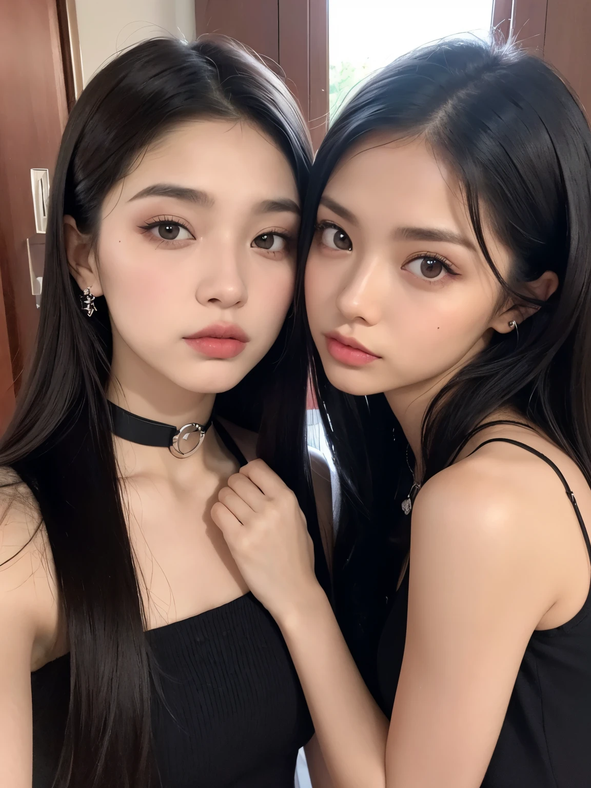 Kim Jennie con el cabello negro oscuro, con rulos en las puntas del cabello negro oscuro, con un ganchito de estrella en el cabello negro oscuro, ojos de color claro, ojos bonitos, ojos llorosos, nariz bonita y respingada, labios bonitos, labios rosas, heart and cupid shaped lip, piel bonita, pale, piel blanca, con lunares y pecas en todo el rostro, rubor rosa suave en las mejilla, rubor rosa natural, dark and gothic makeup, Jennie gotica, mientras ella esta con un chico lindo a su lado, with a cute asian boy standing next to her, mientras hay un torso de hombre, mientras el hombre'His hand is on his jaw.., manos bonitas de hombre, with a gothic boy, cuellos bonito, cuello marcado, frown, mirada enojada, con un collar de beso, un collar bonito de beso, mientras sus pezones son notorios (pechos grandes, pechos suaves, pechos bonitos, pechos naturales), con un vestido blanco, vestido corto y transparente, visible on the nipple, con un chico a su lado, con su novio, mirando a la camara, autofoto