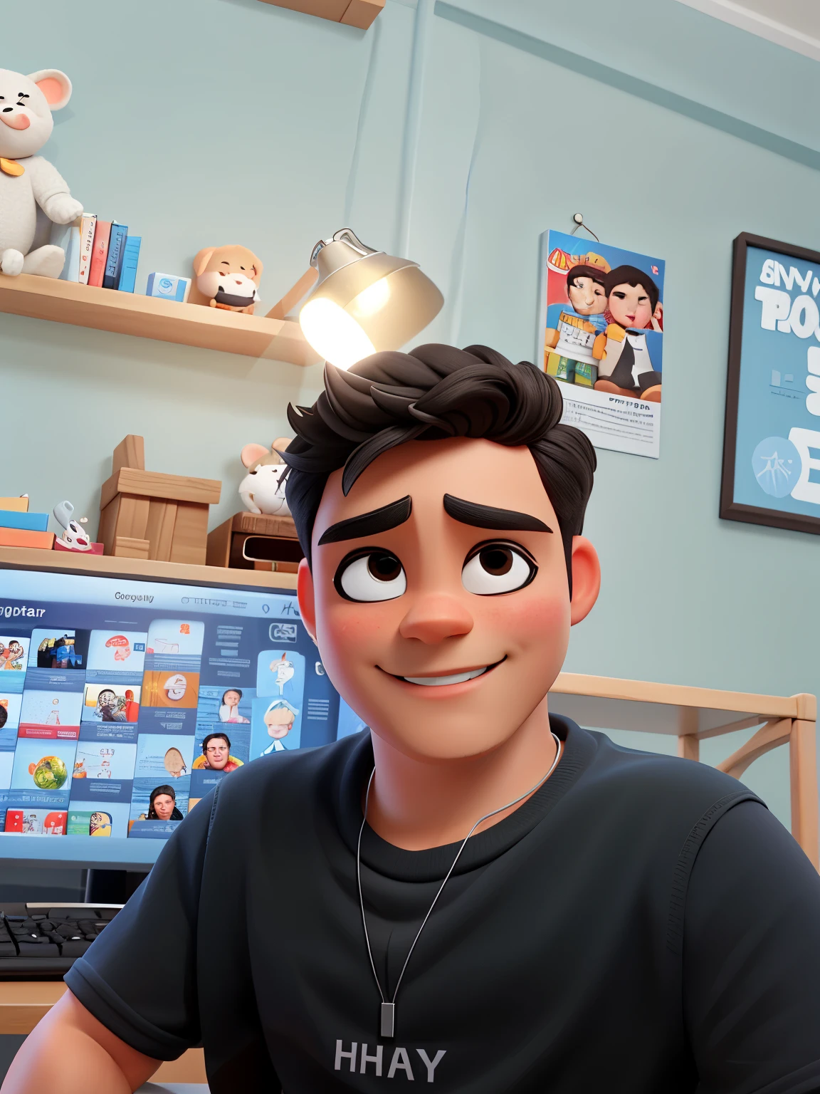 a boy sitting in front, 22 years old, big eyes, looking at the audience, silver necklace, White skin, Handsome, Clean, happy, smiling, Warm light makes people feel warm, game player, close-up detail, Pixar style, OC rendering, 8k