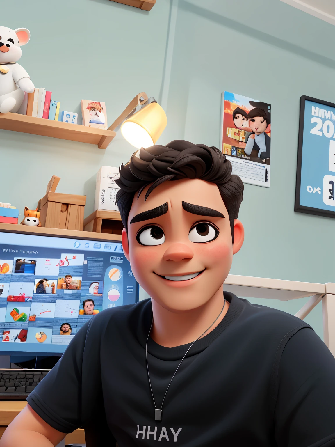 a boy sitting in front, 22 years old, big eyes, looking at the audience, silver necklace, White skin, Handsome, Clean, happy, smiling, Warm light makes people feel warm, game player, close-up detail, Pixar style, OC rendering, 8k