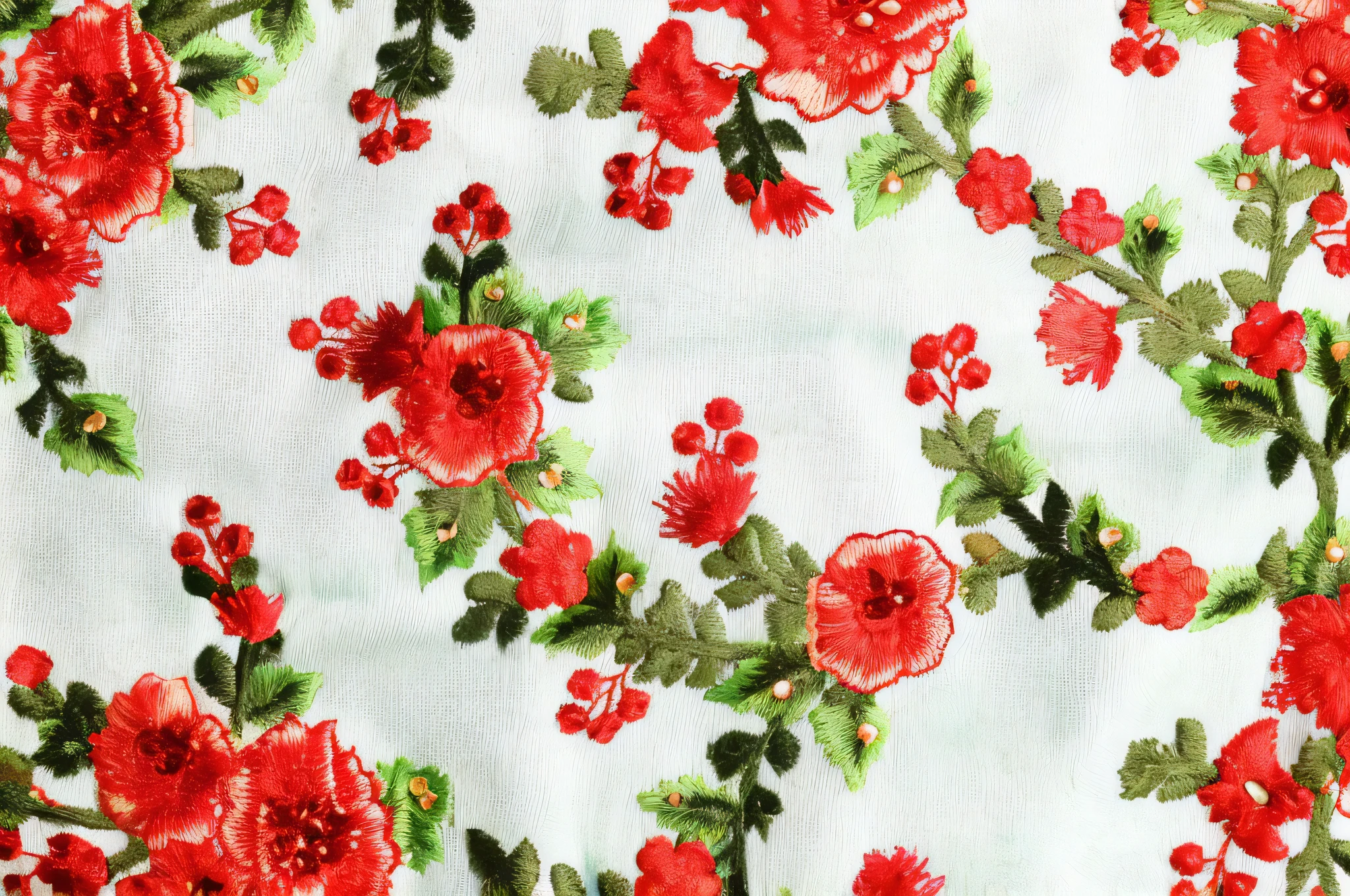 a close up of a red and green floral fabric with green leaves, fabric embroidery, embroidered velvet, embroidered brocade, floral embroidery, cotton fabric, high quality fabrics textiles, embroidery, brocade, vibrant red and green colours, satin, floral lacework, flowery, red flowers, textile, celestial red flowers vibe, red and green, red flowers of different types