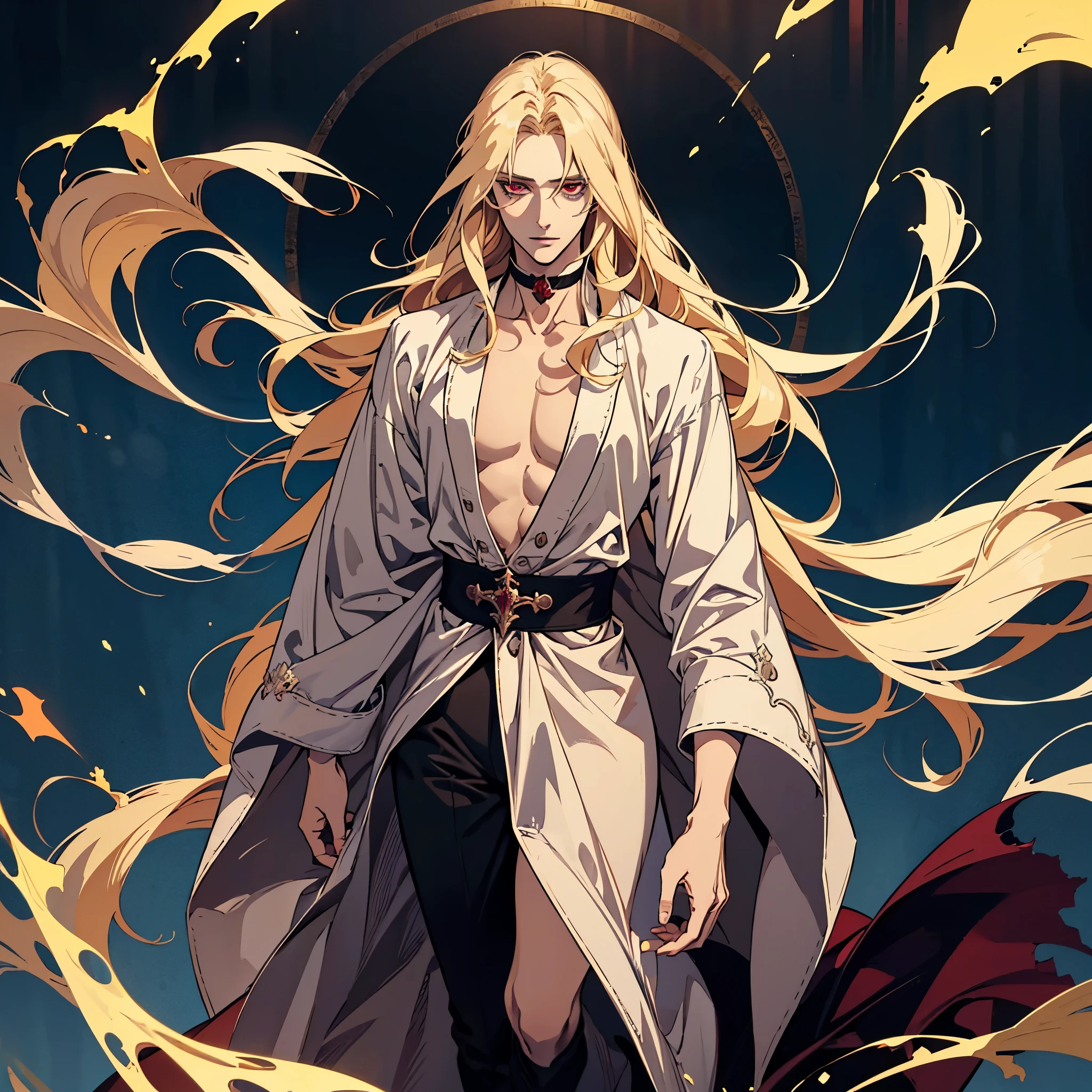 anime, one man with long blonde hair, alucard, castelvania, beautiful androgynous prince, magical blond prince, delicate androgynous prince, handsome male vampire, detailed 30 year old male face, casimir art, anime handsome man, key anime art, vampire, johan liebert mixed with alucard, male vampire, red eyes, sexy, attractive, full body, tongle, no clothes, no shirt, adult content