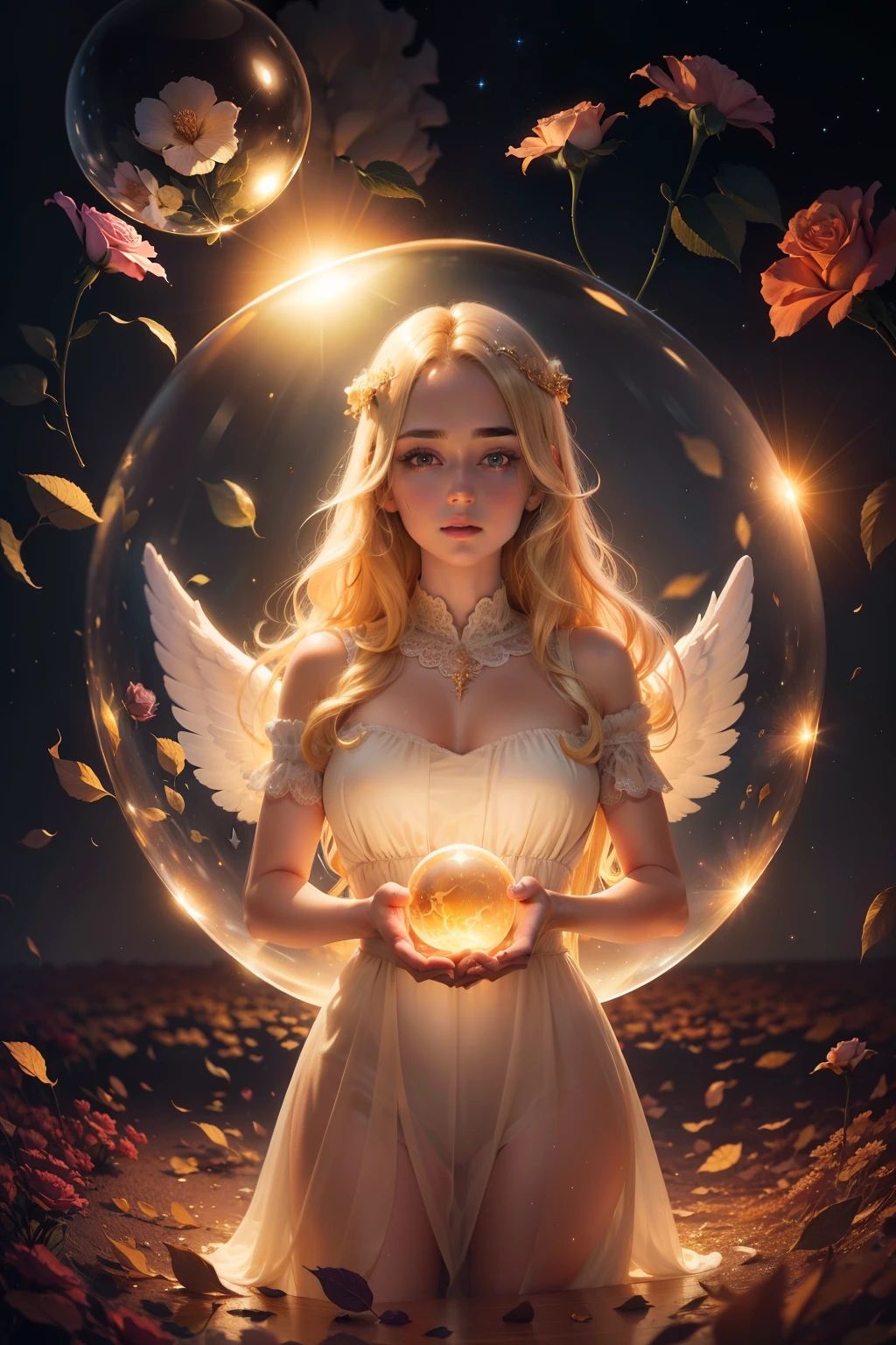 Inside a golden transparent glass bubble, dark stars background, Beautiful blonde 30 year old angel with Rose of Sharon , Super detailed with 64k resolution