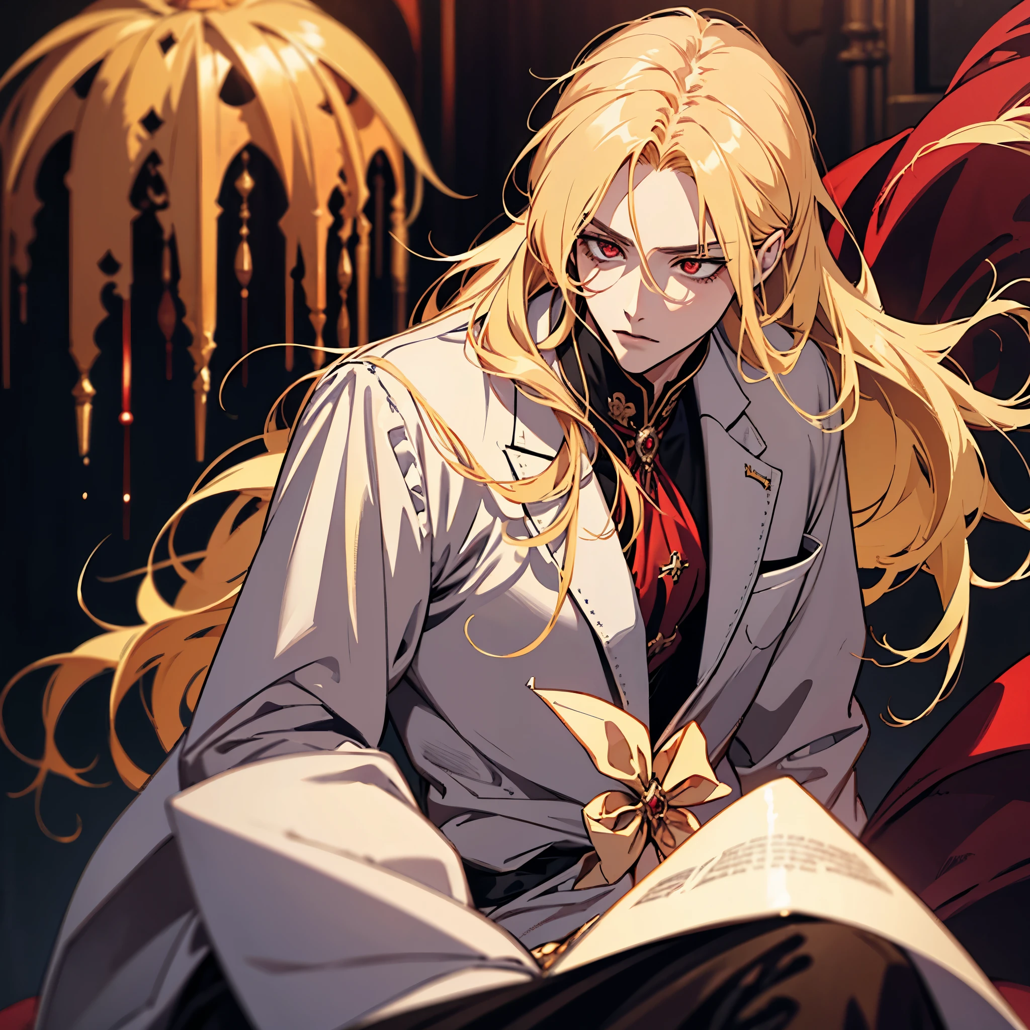 anime, one man with long blonde hair, alucard, castelvania, beautiful androgynous prince, magical blond prince, delicate androgynous prince, handsome male vampire, detailed 30 year old male face, casimir art, anime handsome man, key anime art, vampire, male vampire, red eyes, sexy, attractive, full body, tongle, no clothes, no shirt, adult content