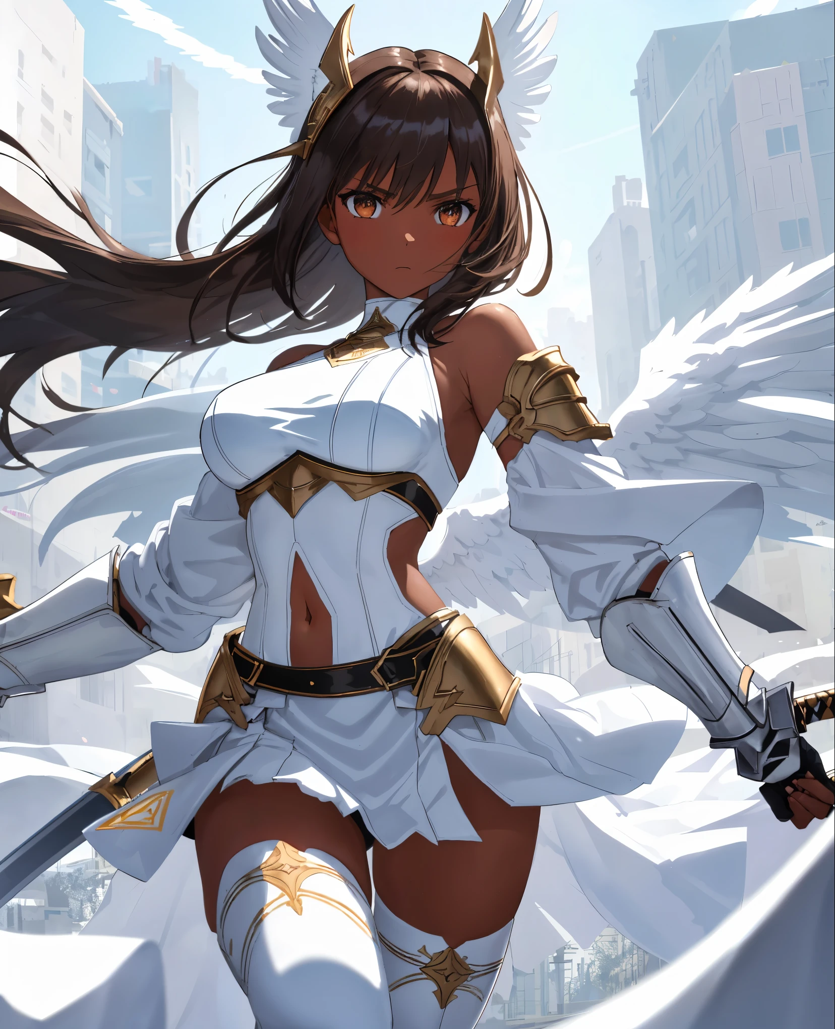 1angel_girl, Teen, brown_hair, medium_hair, (dark_skin)+, bare_shoulder, (bare_navel)0.8, Thigh,silver_shiny_armor, white_clothes,waist_armor, hold_sword_hilt, medium_breasts, angry, shout, dynamic_pose_fighting, floating, (1pair_white_wings), sunset_background,(pelvic_curtain)++, headgear ,slightly_spread_legs,multiple_shiny_swords_floating_around_the_ girl