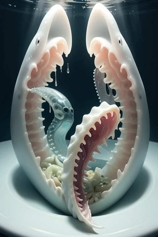 a close up of a fish in a sink, open synthetic maw, white alien squid, gelatinous with teeth, oozing bile ), gaping maw, translucent gills, gelatinous, alien squid, forked snake tongue sticking out, synthetic maw, gelatinous symmetrical, squid, gaping gills and baleen, half octopus, snake body