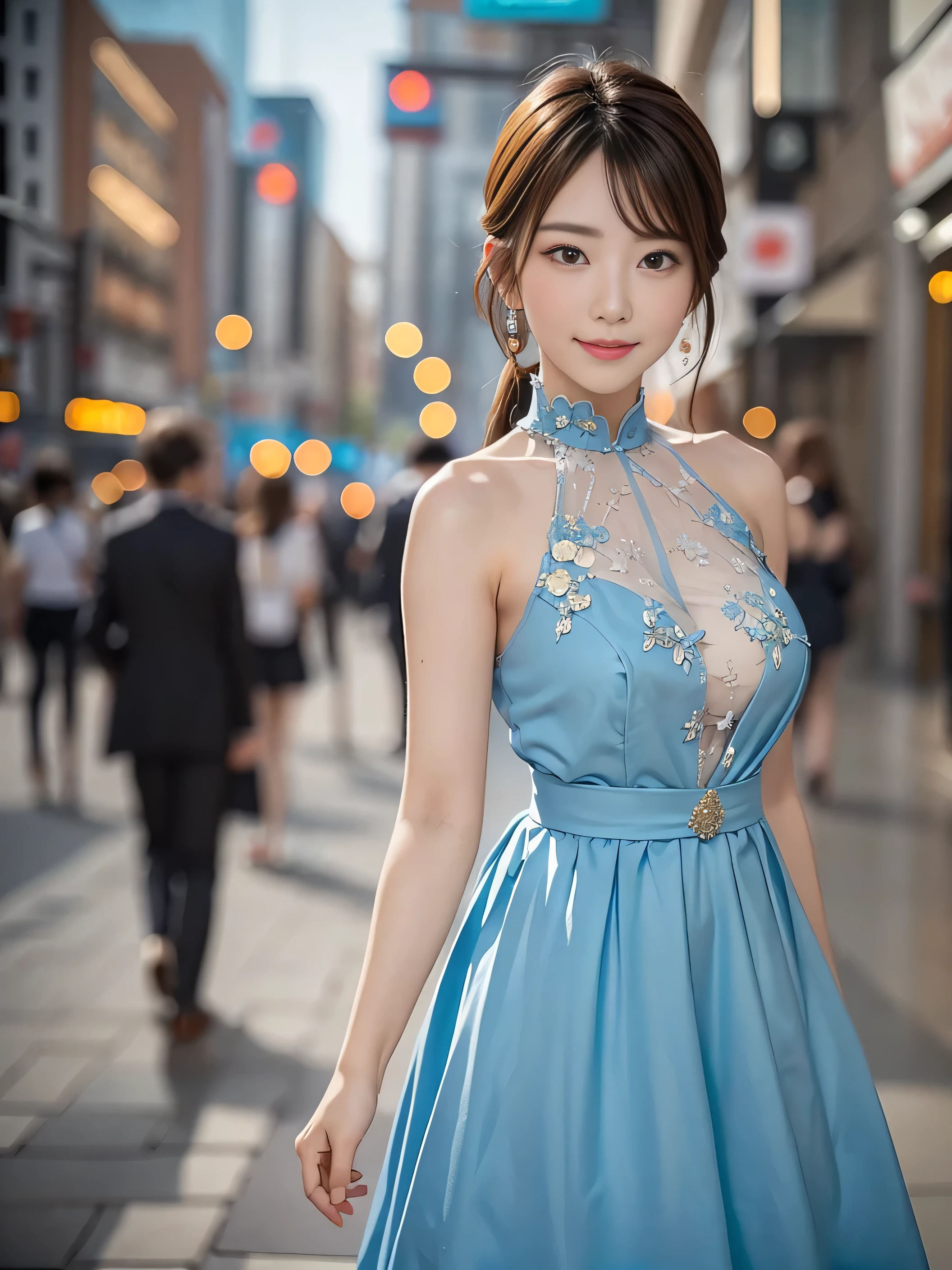 a woman posing on the street corner with light blue dress on, best quality, 1girl, large breasts, day, bright, blur background, bokeh, outdoor, (street:0.8), (people, crowds:1), (lace-trimmed dress:1.5, sleeveless dress, light blue clothes, light blue high-neck dress:1.2, blue dress: 1.5), gorgeous, (short hair, forehead:1.2), beautiful detailed sky, earrings, (dynamic pose:1.2), (upper body:0.8), soft lighting, wind, shiny skin, smile,