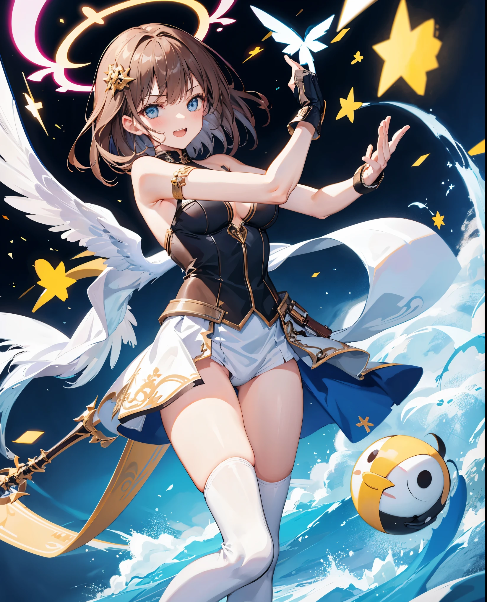 fantasy, 1angel_girl,, ,brown_hair, medium_bob_hair, long_bangs, halo,bare_shoulder,thighhighs,silver_armor, waist_armor, large_breasts,angry,grinning,open_mouth_teeth, 1pair_wings, dynamic_pose_fighting,floating, bare_crotch, headgear,gauntlet, greaves,city_sky_background,slightly_spread_legs, solo, groin_naked,