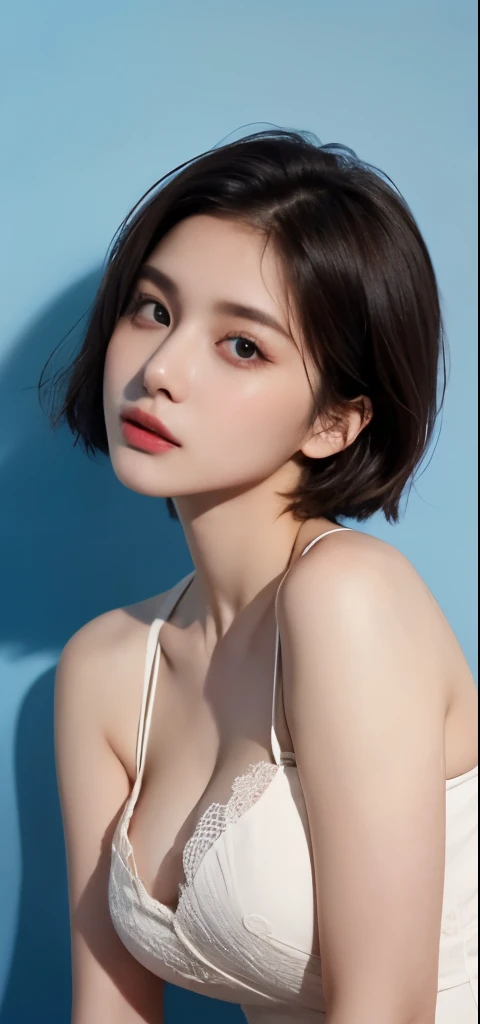 best quality, High_solve, clearly_image, Detailed background ,girl, flower,flower園,moon,28 years old adult、No makeup、short hair、Dark brown hair、Delicate and beautiful eyes、big breasts、Bust C cup、、cool pose、blue background
