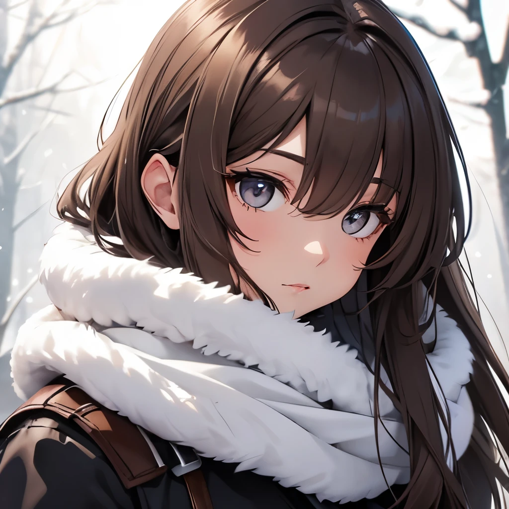 Girl, long brown hair, gray eyes, sharp features, white skin, winter style