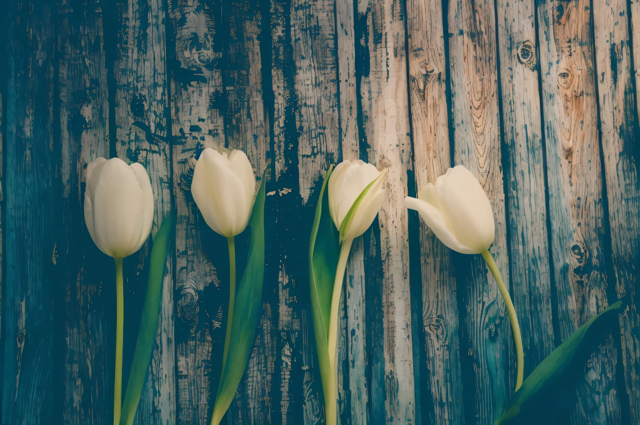 three white tulips are lined up against a wooden wall, white flowers on the floor, tulips, flowers and stems, inspired by Elsa Bleda, wilted flowers, stems, beautiful photo, elegant composition, vintage color, tulip, classic beauty, still life photography, artistic photo, by Elsa Bleda, texture, fotografia, rustic, beautiful composition, flower