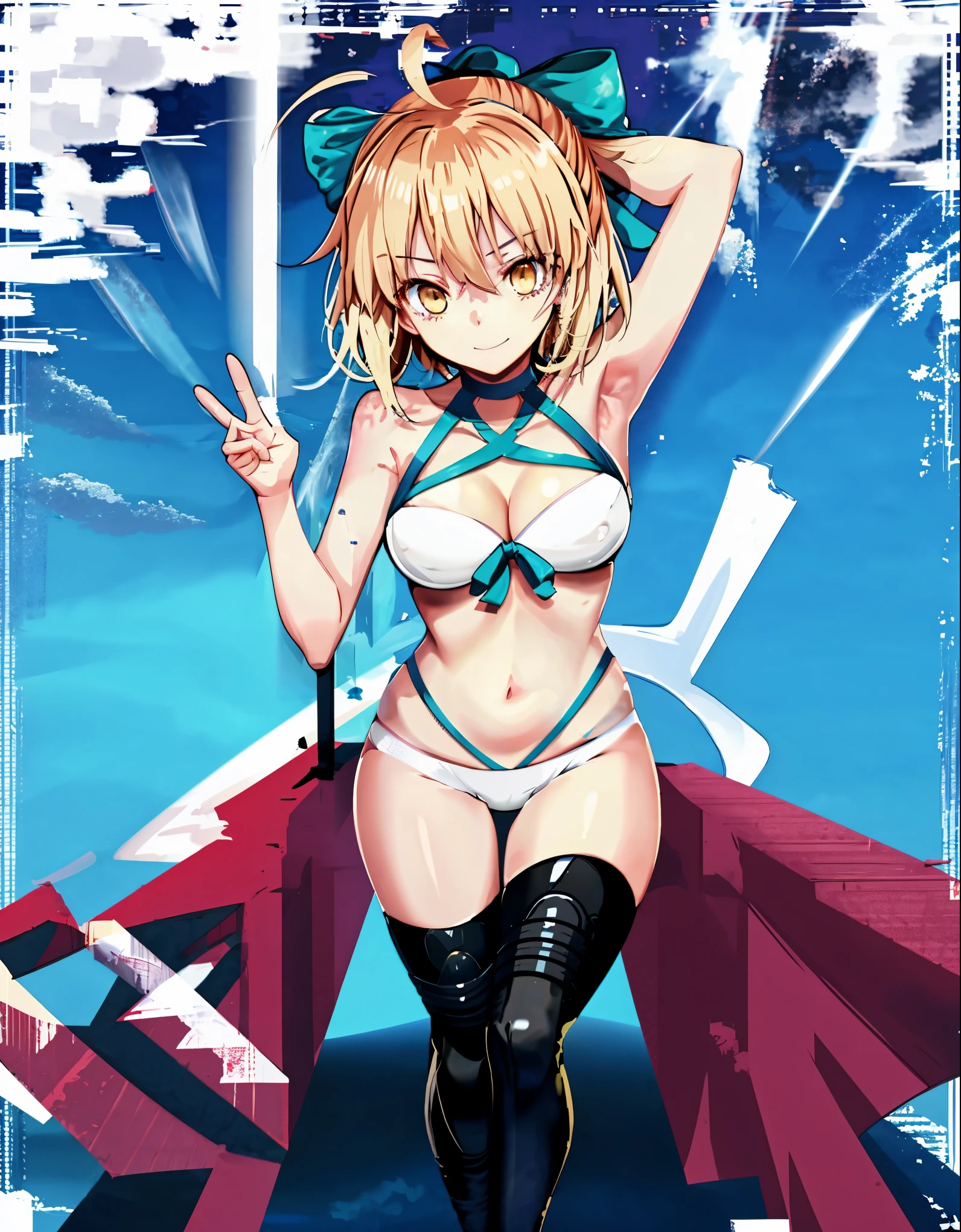 
1girl,teen, ahoge, , okita_souji \(swimsuit\) \(fate\), large breasts , blonde hair, yellow eyes,  pony tail
bare shoulders , cleavage,
clothing cut out, detached collar, navel cutout, thigh strap, hands behind head,
seaside_background,squat,(open_legs:1.3),dynamic_posing,armpits,smile,