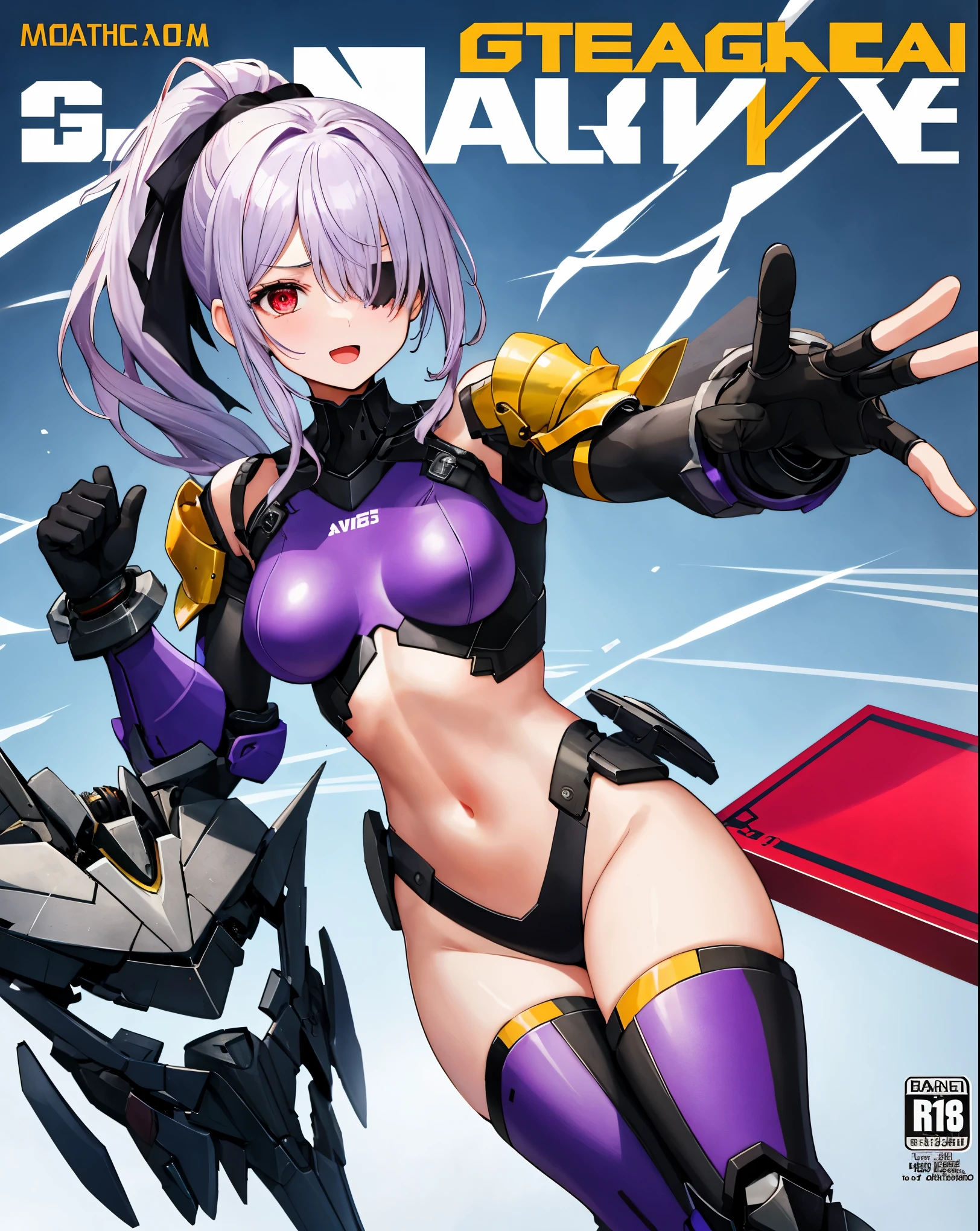 ,1girl,(:1.5), (short_ponytail:1.3), (light_whitish_purple_hair:1.3),black_mechanical_armor_parts,white_breasts_parts_red_black_body_suit,bare_shoulder,bare_slender_thighs,medium_breasts,on_the_desk, desk_background,Stinging_eyes,sleepy,thighhigh_greaves,gauntlets,dynamic_posing,bare_frank,metal_red_parts_armor,red_eye,solo,
fists,hold_weapon,glare,navel,large_mechanical_parts,happy,waist_armor,open_mouth,rise_legs,apart_legs, (covered_navel:1.3),(very_long_bangs:1.3), (hair_over_one_eye:1.5),(long_bang_covers_right_half_of_face:1.5),
(covered_pussy:1.1),covered_breasts,fighting,