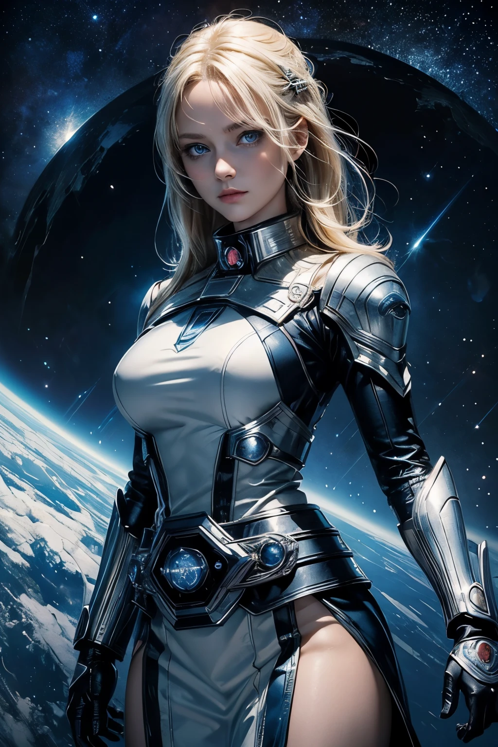 A beautiful woman. 20s. Blonde hair and blue eyes. She is looking at the camera with a defiant expression. She wears a silver metallic battle uniform. There is something on his waist that is reminiscent of Kamen Rider's transformation belt. In her background is an image of outer space and a giant space battleship. A masterpiece.