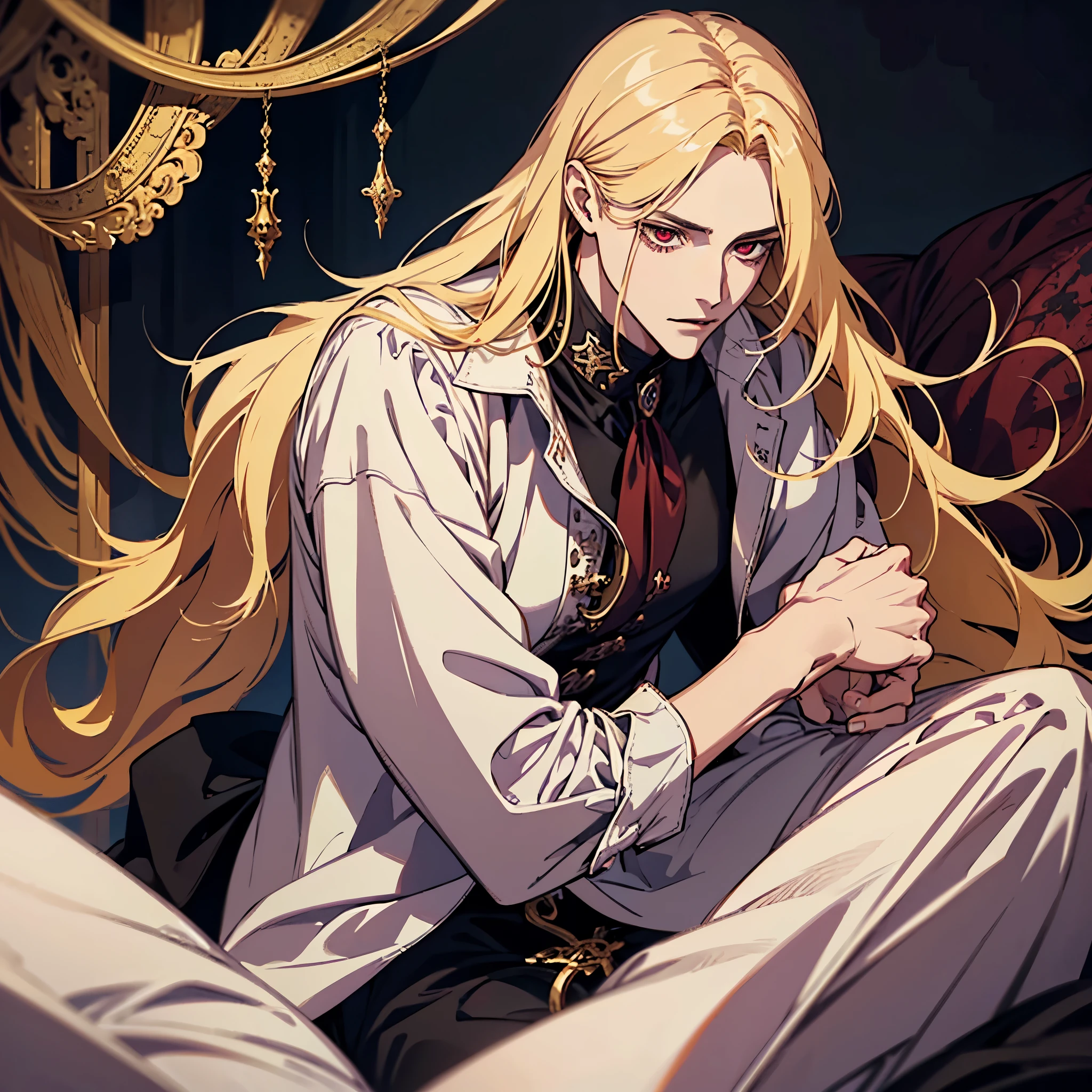 anime, one man with long blonde hair, alucard, castelvania, beautiful androgynous prince, magical blond prince, delicate androgynous prince, handsome male vampire, detailed 30 year old male face, casimir art, anime handsome man, key anime art, vampire, male vampire, red eyes, sexy, attractive, full body, tongle, no clothes, no shirt, adult content, on the bed