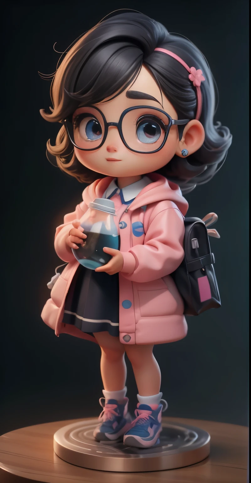 obra de arte: 1.2), (melhor qualidade),Boneca fofa estilo chibi,holding a molecule ,sentado,(melhor qualidade), ((obra de arte)), (high resolution),(feliz),feliz,feliz,cabelos curto e cacheados preto。(detalhes intrincados) ,(8K), (olhos requintados) (sharp focus), she wears pink sneakers, branco e azul estilo Nike,behind chibi there is a board written teacher JANAINA and several drawn coffee molecules.