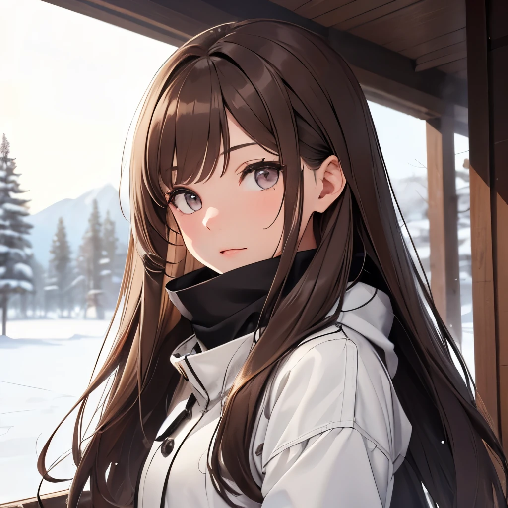 Girl, long brown hair, gray eyes, sharp features, white skin, winter style