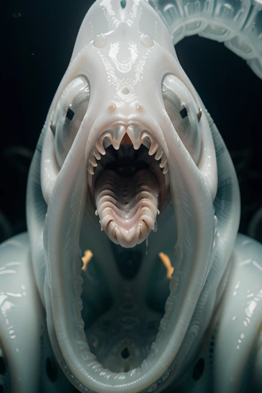 (extremadamente detallado, obra maestra, La mejor calidad), Estilo oscuro, intense illumination, rostro con arrugas, lengua larga, tentacle, deforme, monstruoso, interior de una piscina de agua verdosa, imagen submarina, alien con Colmillos finos, pico de pulpo amenazante. manchas de tinta. Rococo composition. Luz de caravaggio