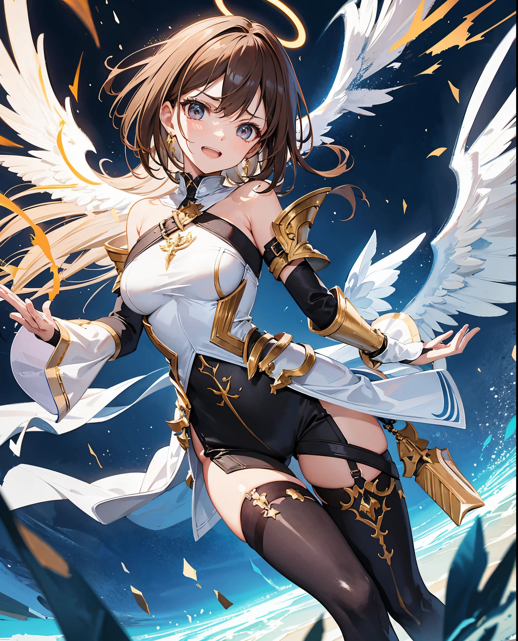 fantasy, 1angel_girl,, ,brown_hair, medium_bob_hair, long_bangs, halo,bare_shoulder,thighhighs,silver_armor, waist_armor, large_breasts,angry,grinning,open_mouth_teeth, 1pair_wings, dynamic_pose_fighting,floating, bare_crotch, headgear,gauntlet, greaves,city_sky_background,slightly_spread_legs, solo, groin_naked,