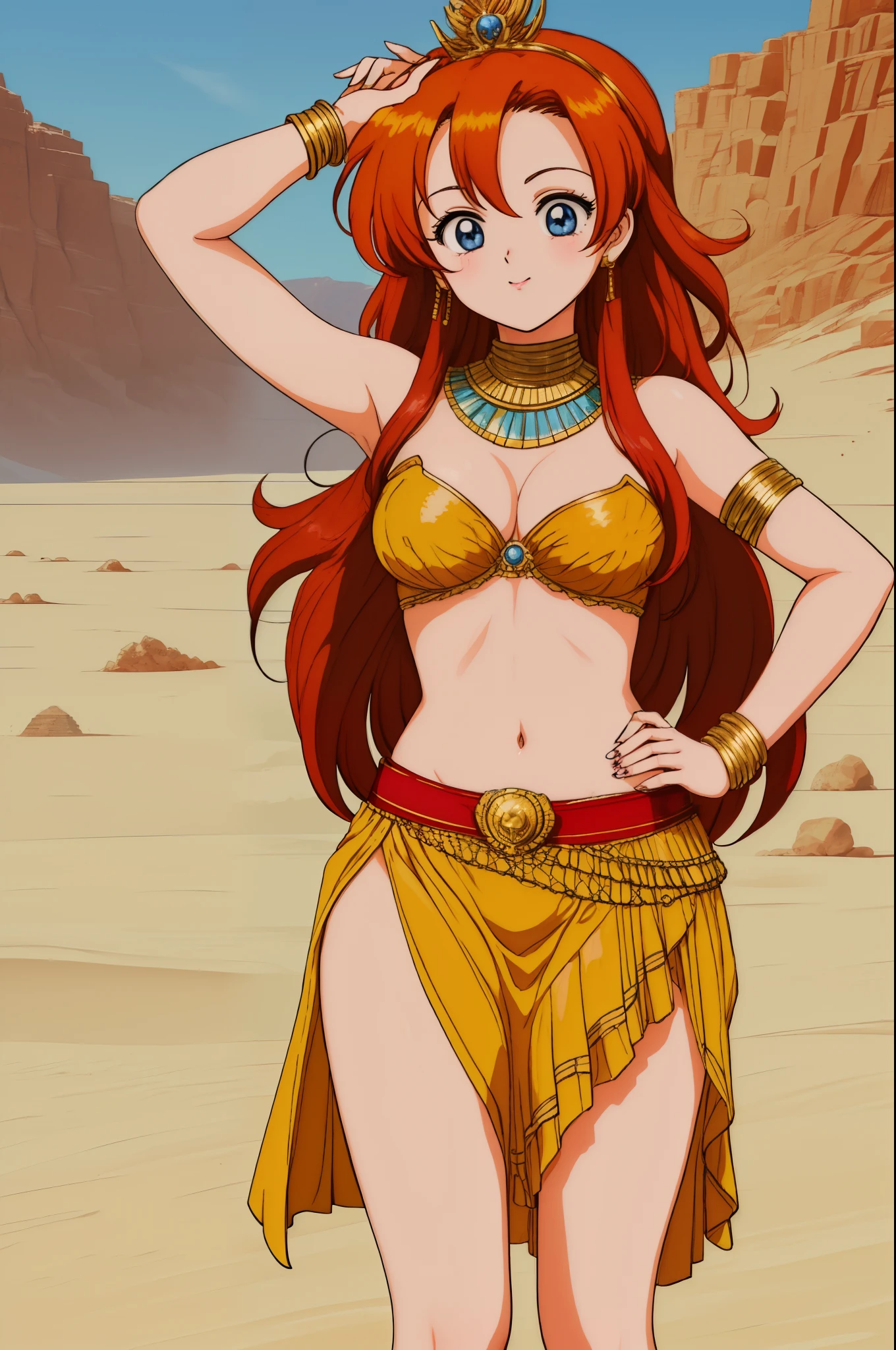 Masterpiece,kousaka honoka, blue eyes, orange hair,beautiful , looking away,arrogant,(one hand on hip one hand on hair),thighs, ,navel,midriff,cleavage,(golden exposing Egyptian dress), tiara,in Egyptian desert