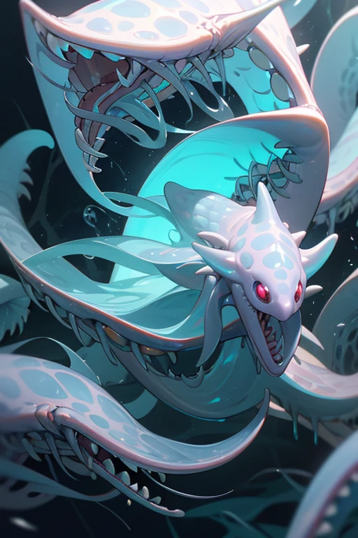 a close up of a fish in a sink, open synthetic maw, white alien squid, gelatinous with teeth, oozing bile ), gaping maw, translucent gills, gelatinous, alien squid, forked snake tongue sticking out, synthetic maw, gelatinous symmetrical, squid, gaping gills and baleen, half octopus, snake body