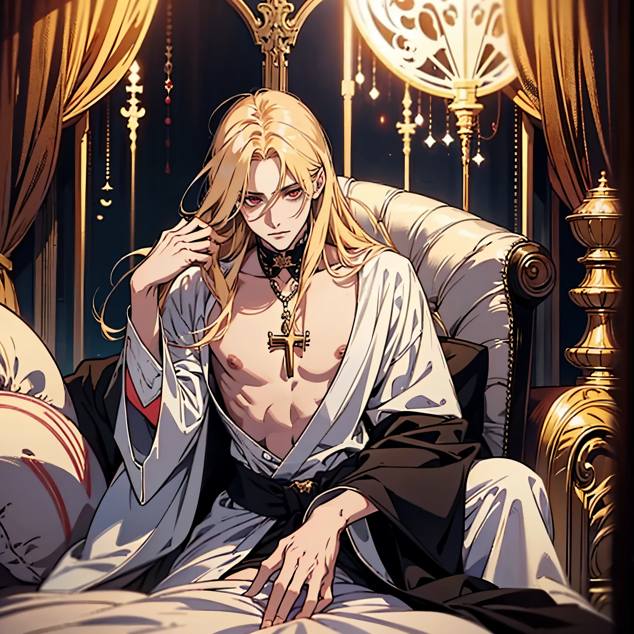 anime, one man with long blonde hair, alucard, castelvania, beautiful androgynous prince, magical blond prince, delicate androgynous prince, handsome male vampire, detailed 30 year old male face, casimir art, anime handsome man, key anime art, vampire, male vampire, red eyes, sexy, attractive, full body, tongle, NO clothes, NO shirt, adult content, on the bed