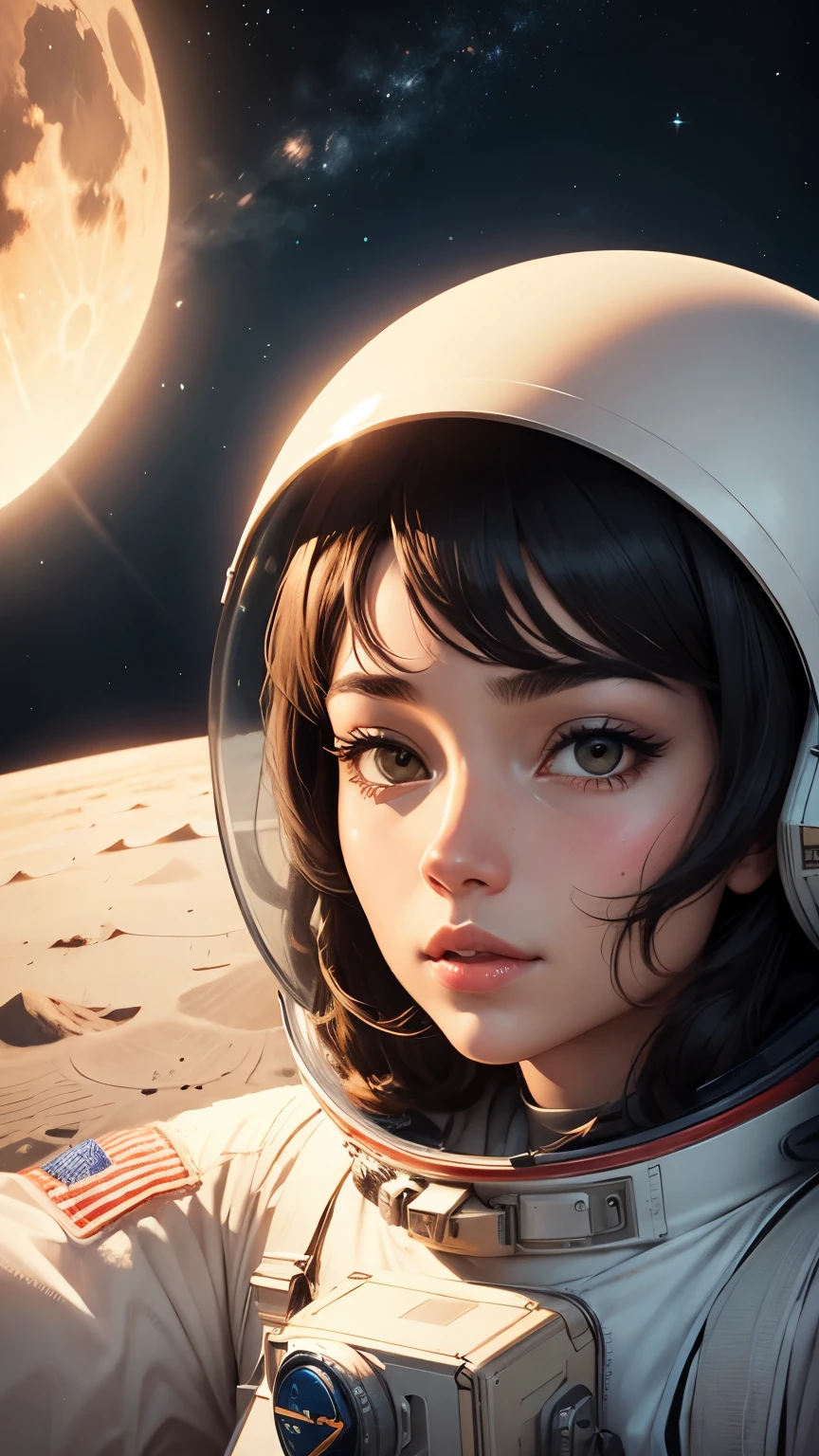 illustration of a beautiful female astronaut, selfie on the moon, in the style of jillian tamaki and georgy kurasov