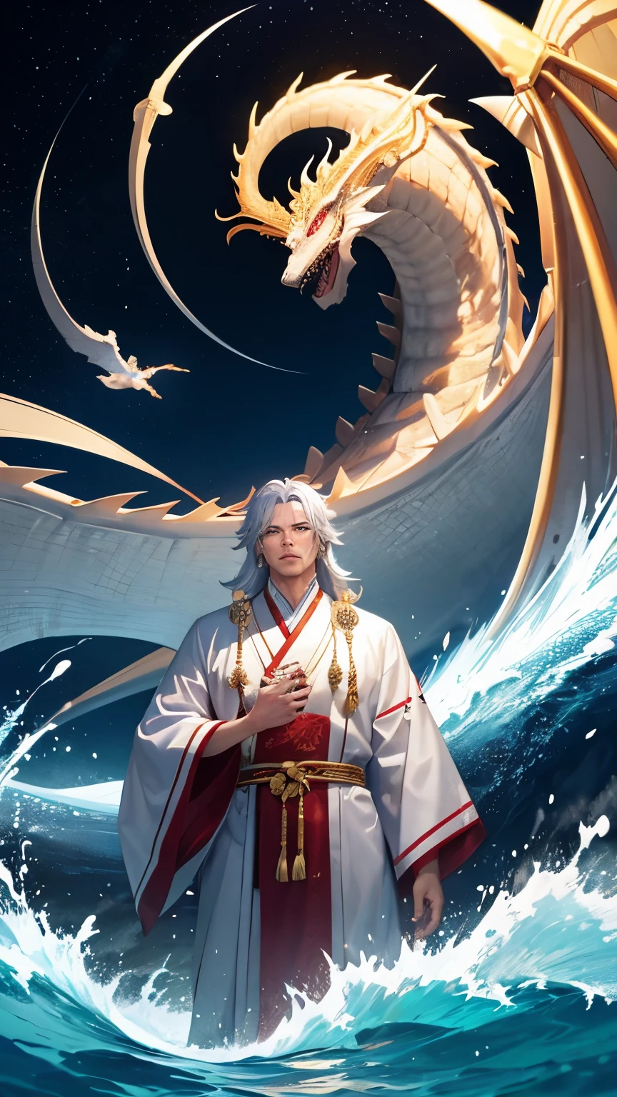 A big tsunami and the dragon and man that emerge from it、The man is wearing a silver robe connected to the waves.、Gold shines in the sky