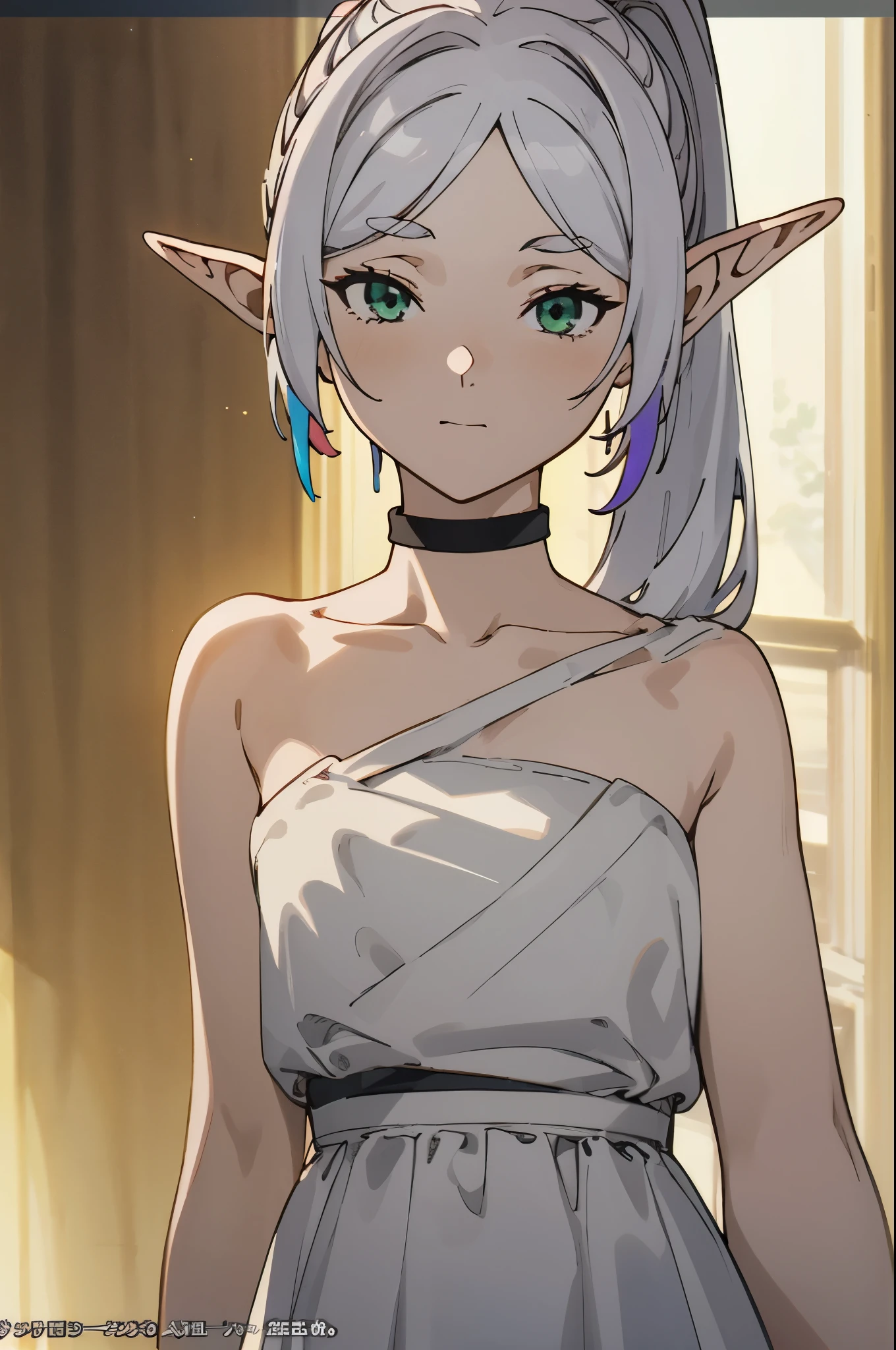 1 girl,alone,Elf,white hair,gray hair,dress without sleeve,white dress,bare shoulders,clavicle pointed ears,long hair,ponytail,green eyes,looking at the audience,official art,Extremely detailed CG unified 8k wallpaper, perfect lighting,rich and colorful, bright_front_Face_light,skin shiny, (masterpiece:1.0),(the best_quality:1.0), ultra high resolution,4k,Super detailed