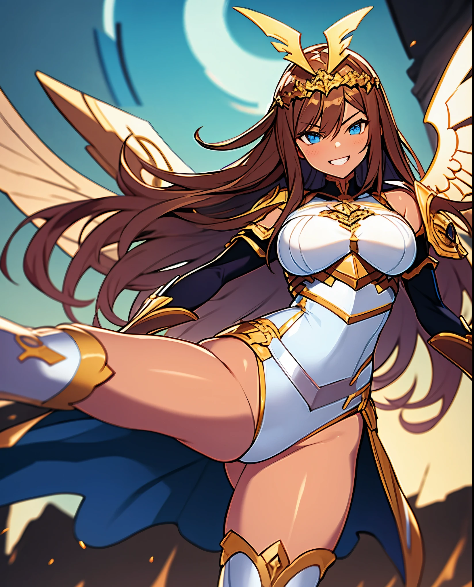 fantasy, 1angel_girl,, ,brown_hair, medium_bob_hair, long_bangs, halo,bare_shoulder,thighhighs,silver_armor, waist_armor, large_breasts,angry,grinning,open_mouth_teeth, 1pair_wings, dynamic_pose_fighting,floating, bare_crotch, headgear,gauntlet, greaves,city_sky_background,slightly_spread_legs, solo, groin_naked,dark_skin,