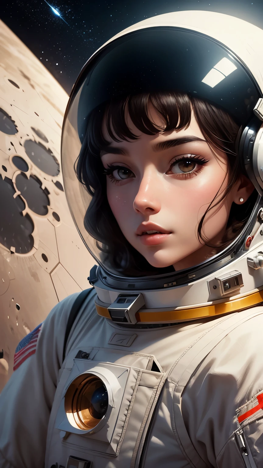 illustration of a beautiful female astronaut, selfie on the moon, in the style of jillian tamaki and georgy kurasov